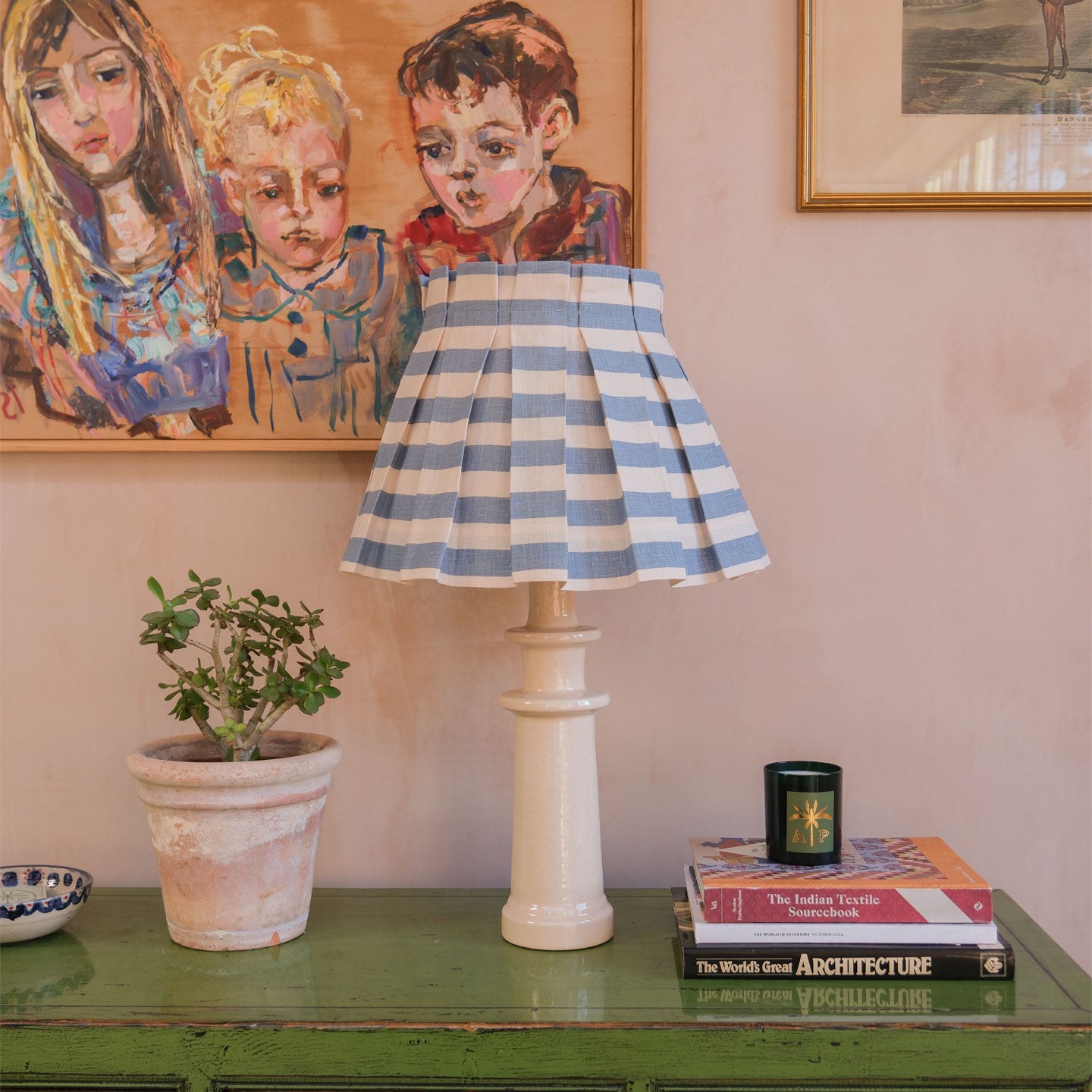 Tangier French Blue Stripe Linen Structured Box Pleat Lampshade