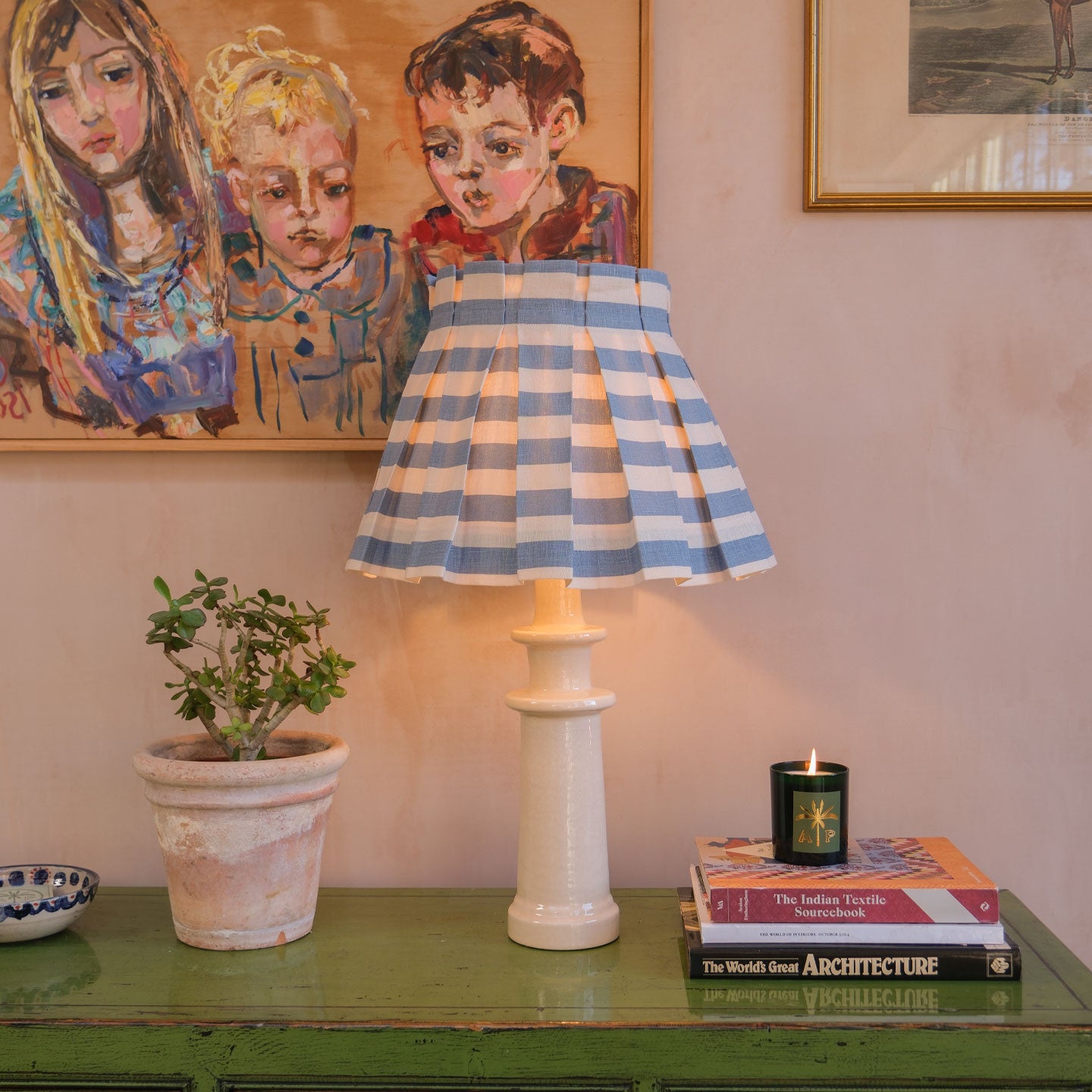 Tangier French Blue Stripe Linen Structured Box Pleat Lampshade