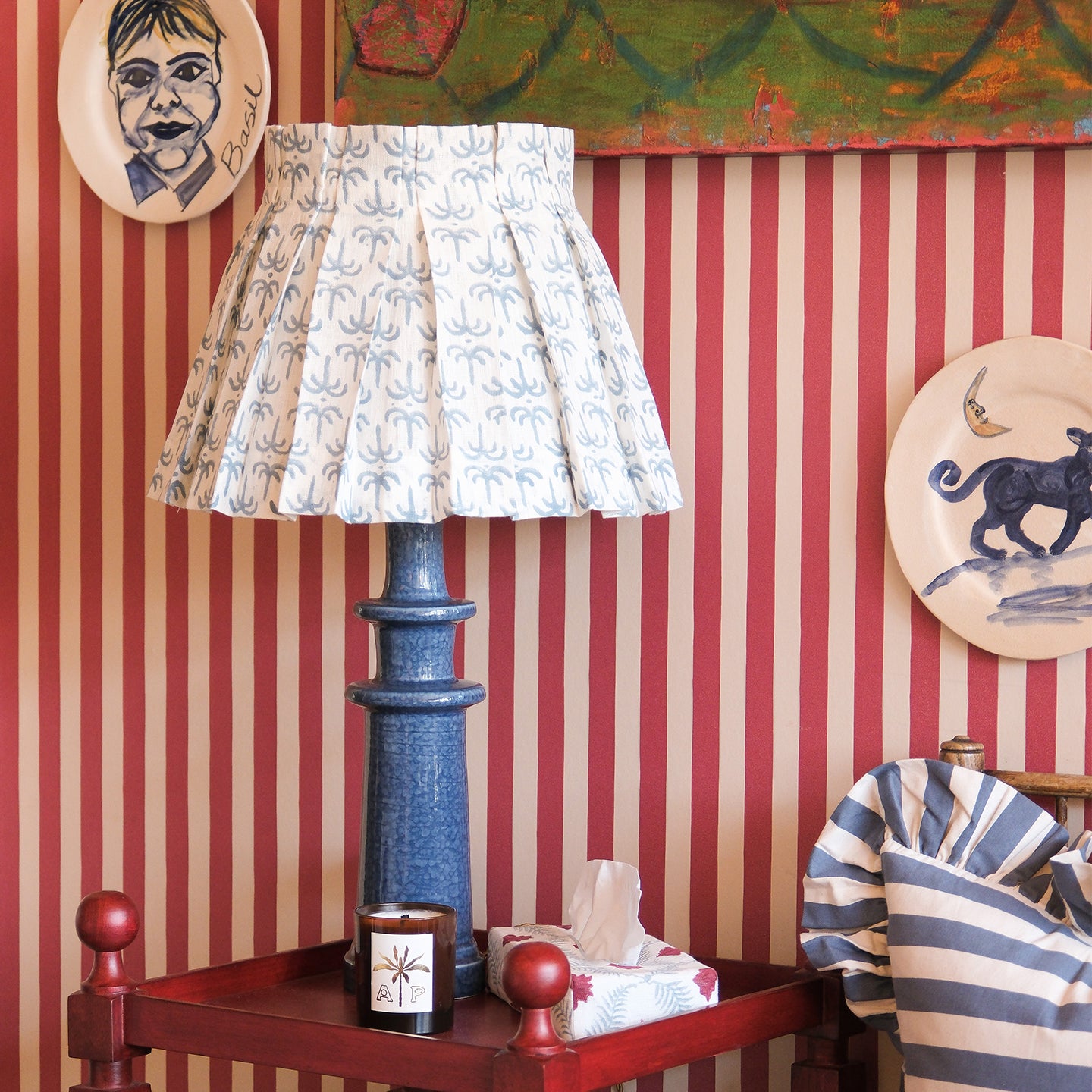 Blue Callaloo Linen Structured Box Pleat Lampshade