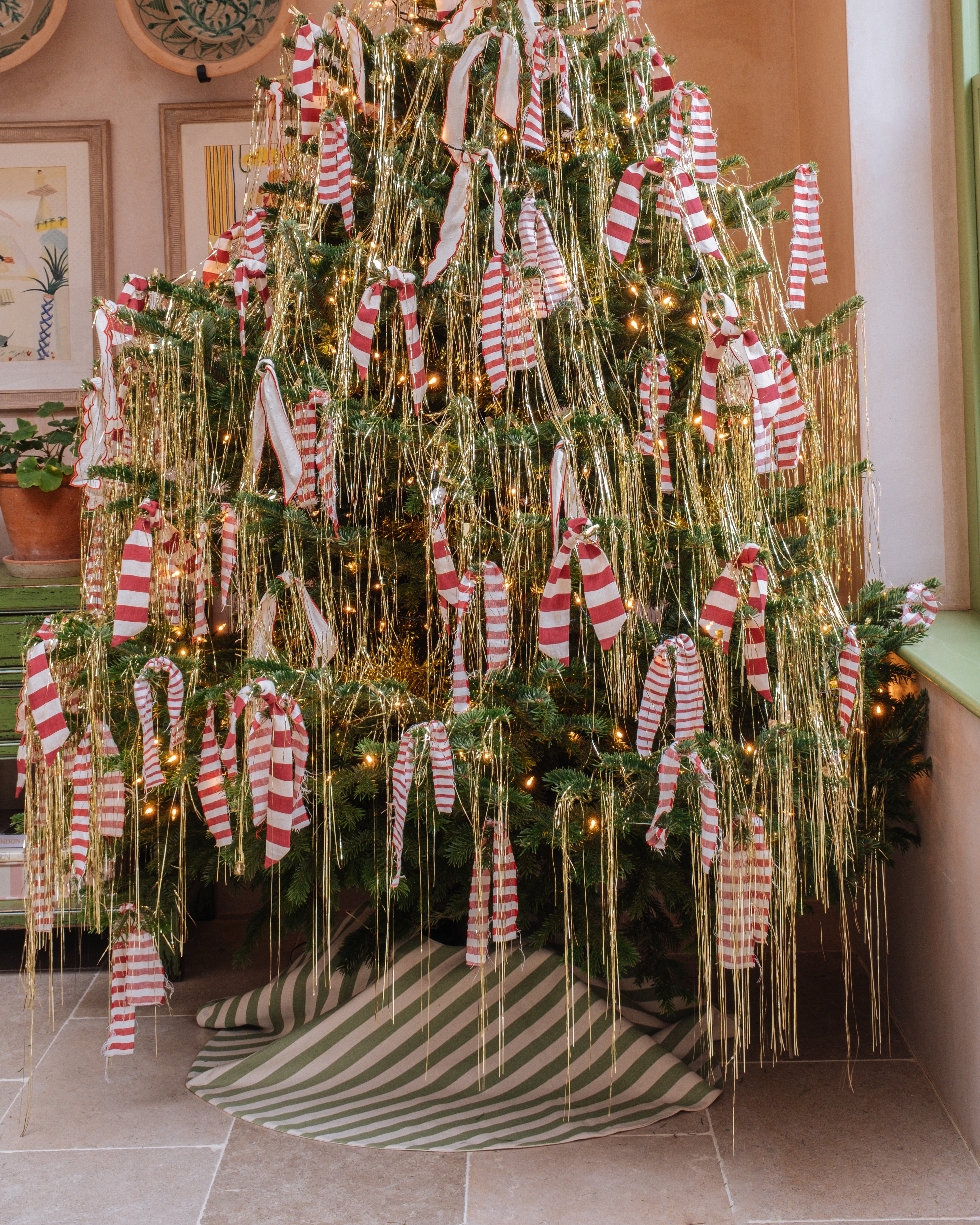 Olive Tangier Stripe Cotton Christmas Tree Skirt