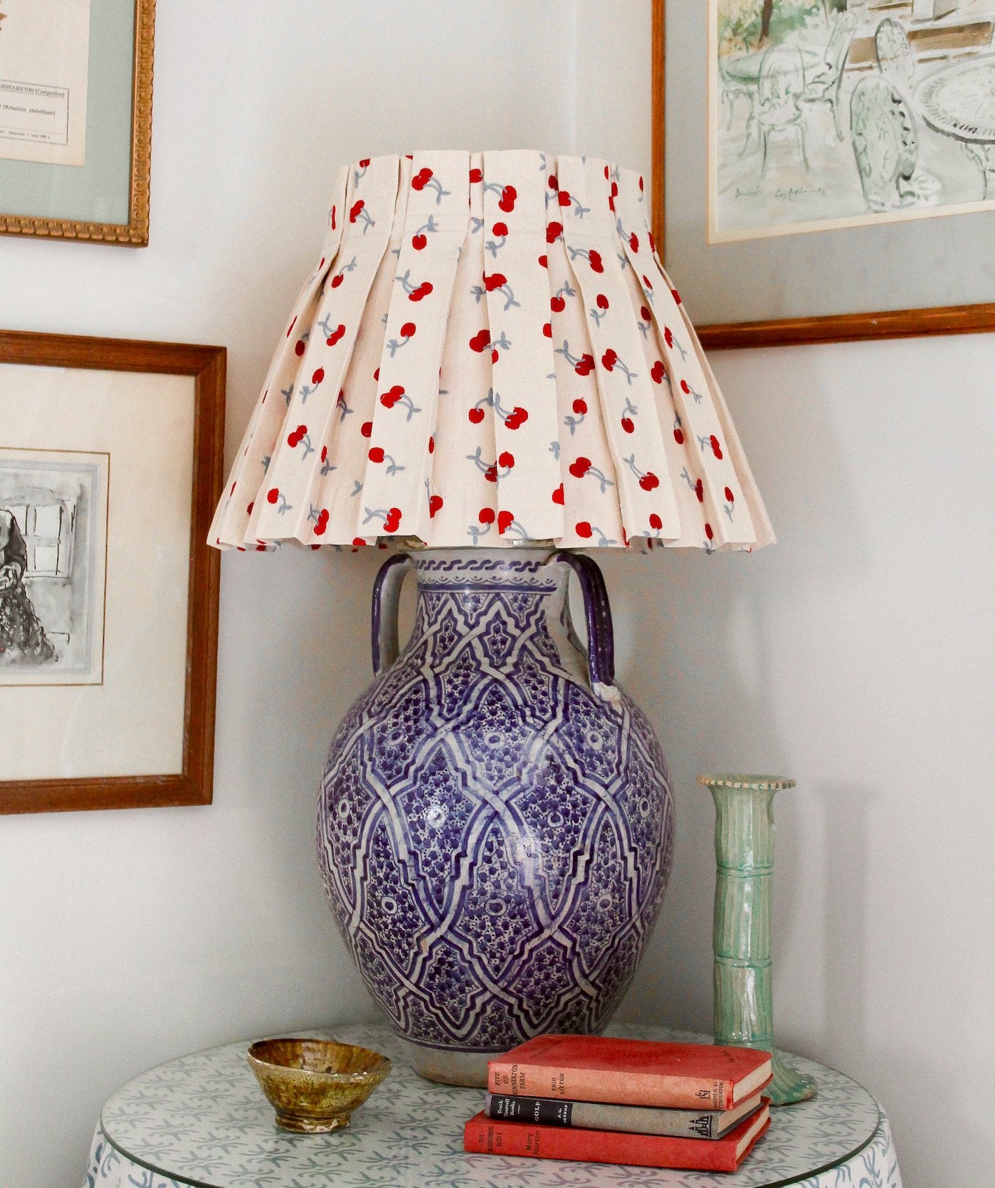 Embroidered Blue Cherry Box Pleat Lampshade - Alice Palmer & Co
