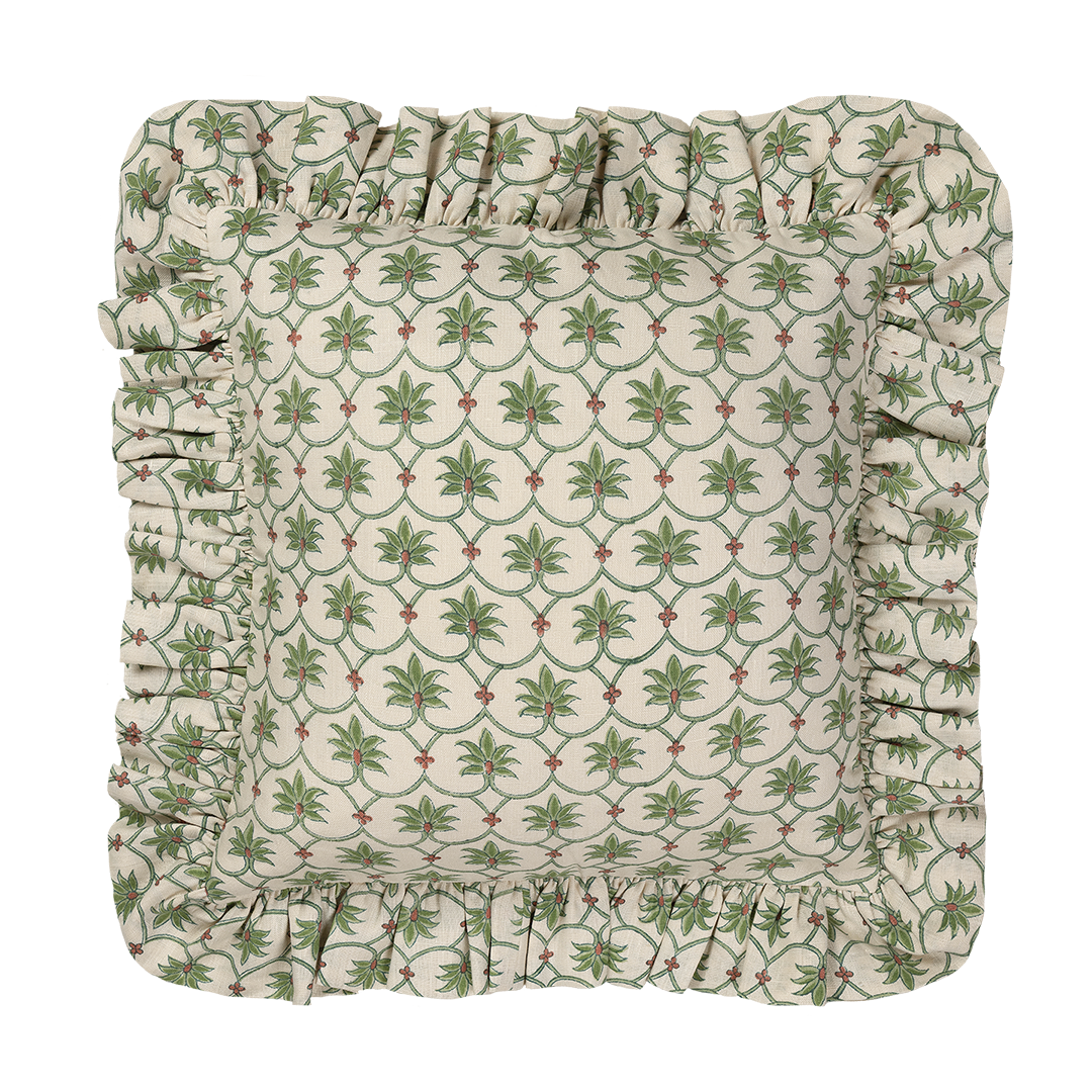 Grasshopper Palm Grove Linen Frilly Cushion