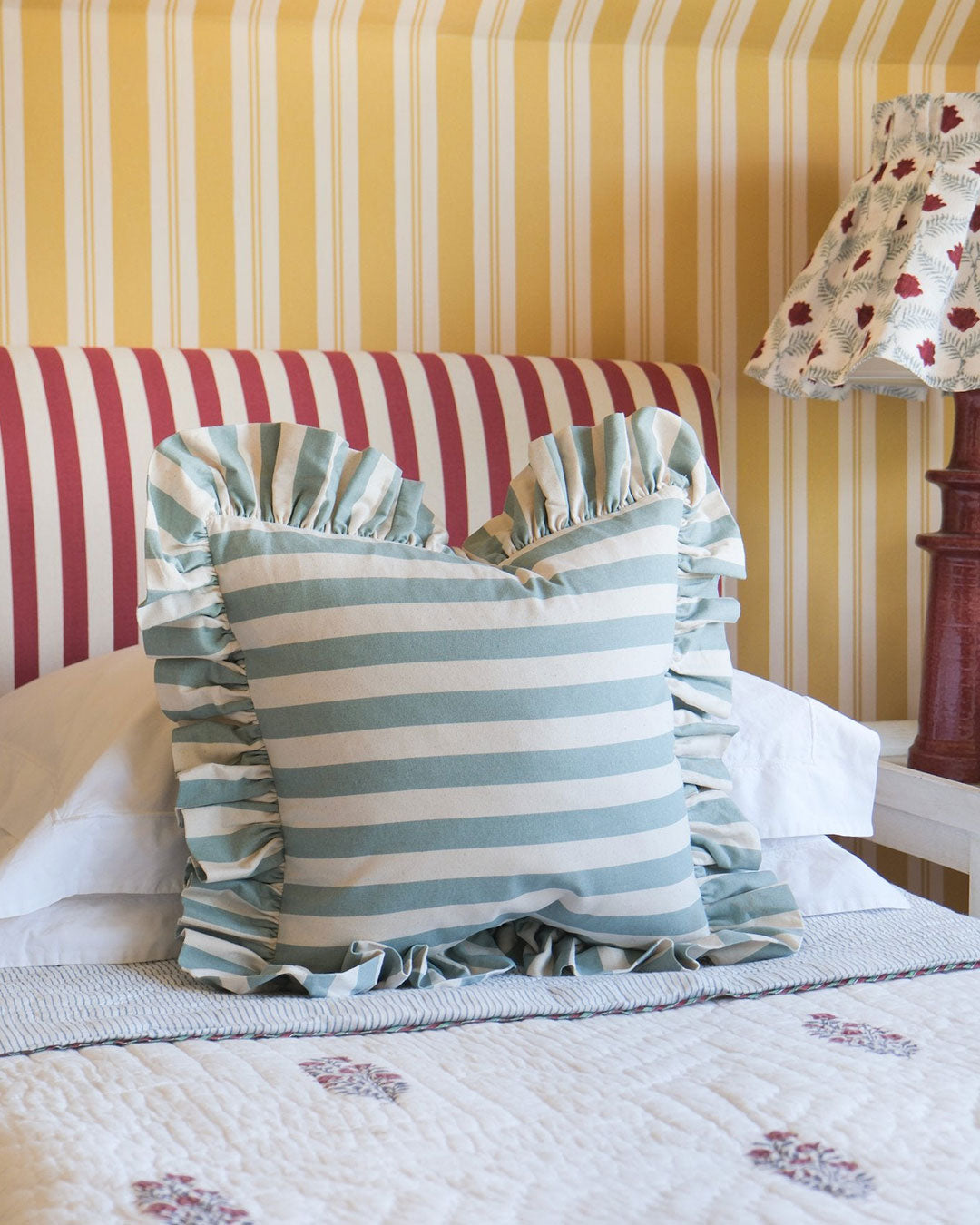 Tangier Iceberg Stripe Frilly Cushion