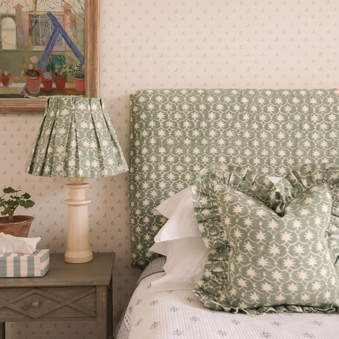 Jade Inverse Palm Grove Linen Frilly Cushion