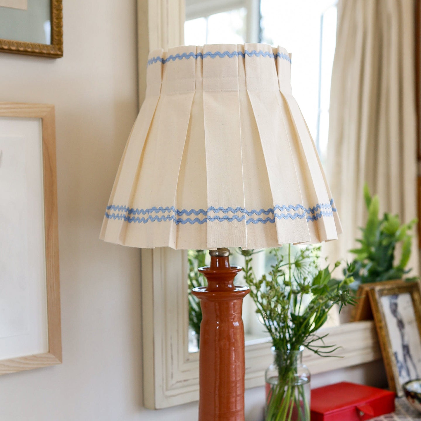 Triple Pale Blue Ric Rac Cotton Box Pleat Lampshade