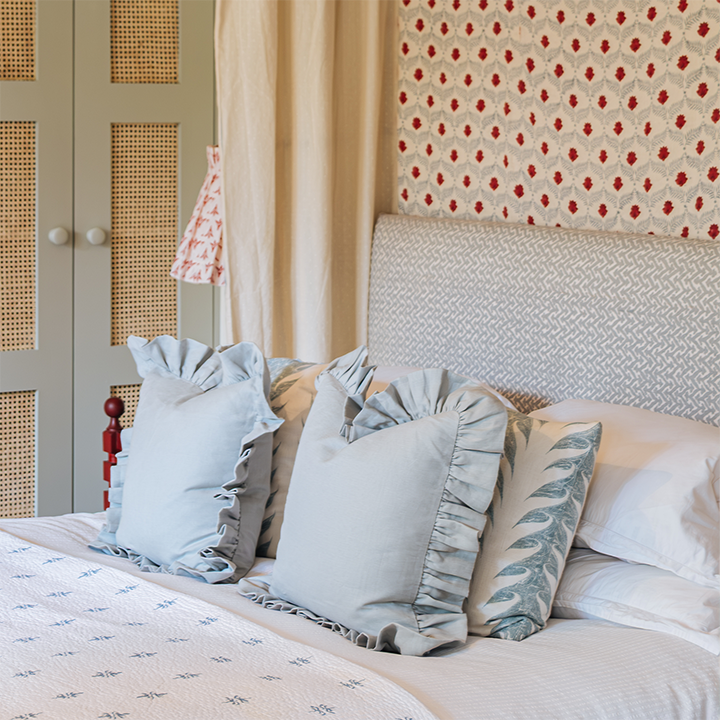 Pale Blue Linen Frilly Cushion