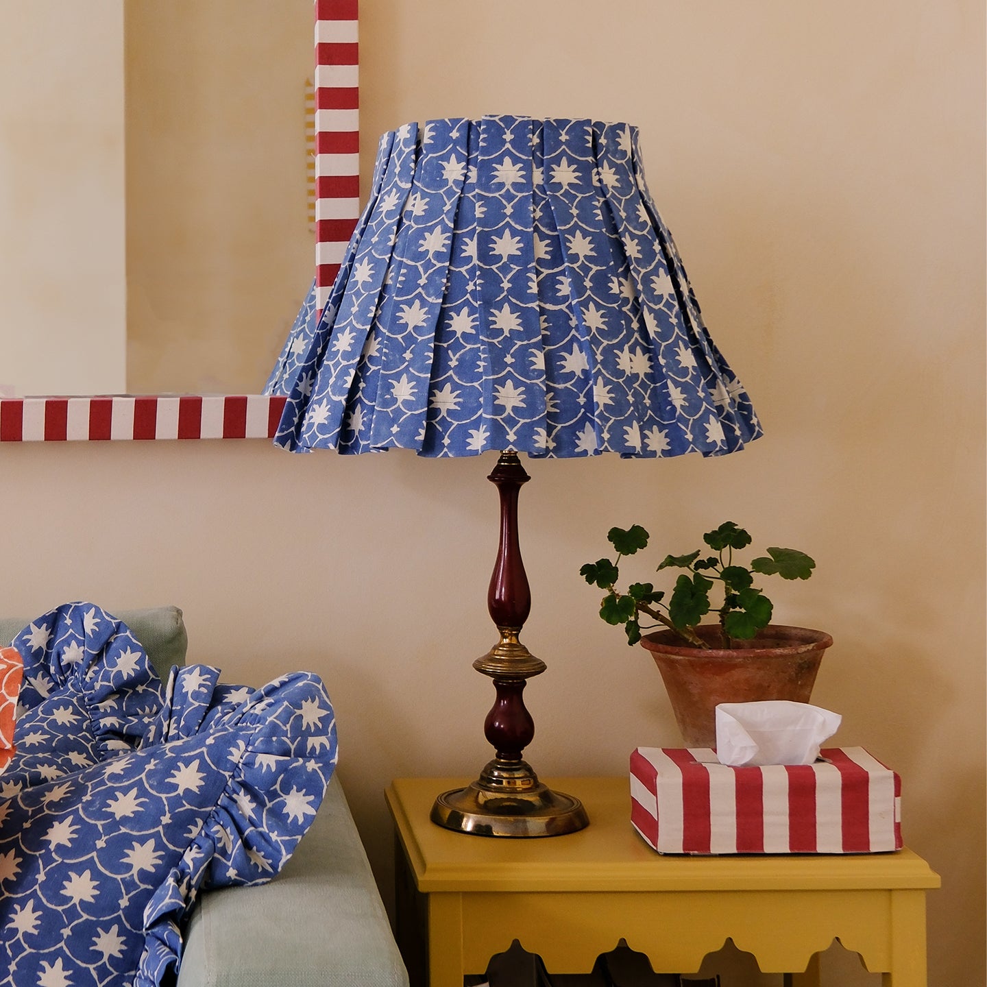 Denim Inverse Palm Grove Linen Structured Box Pleat Lampshade