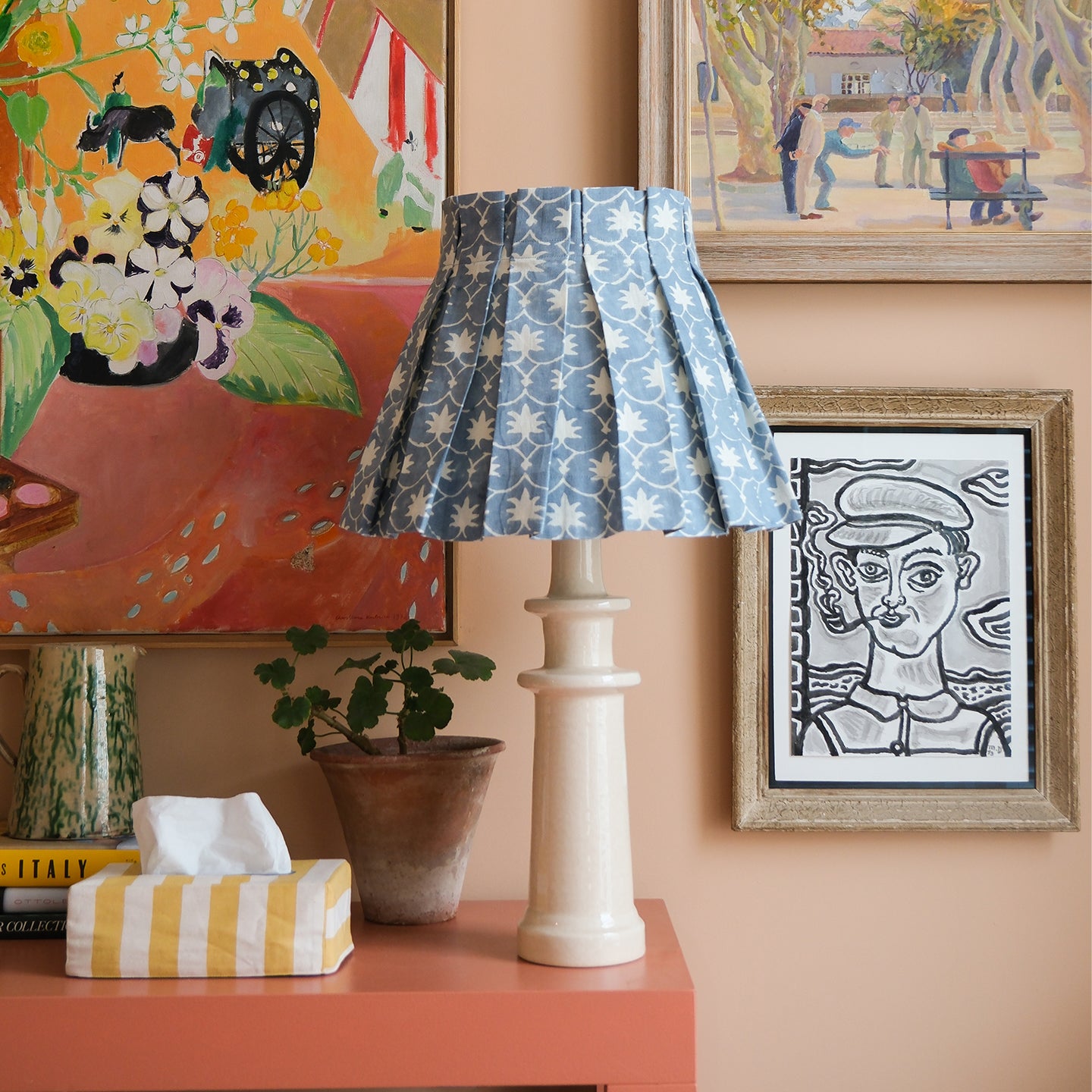 French Blue Inverse Palm Grove Linen Structured Box Pleat Lampshade