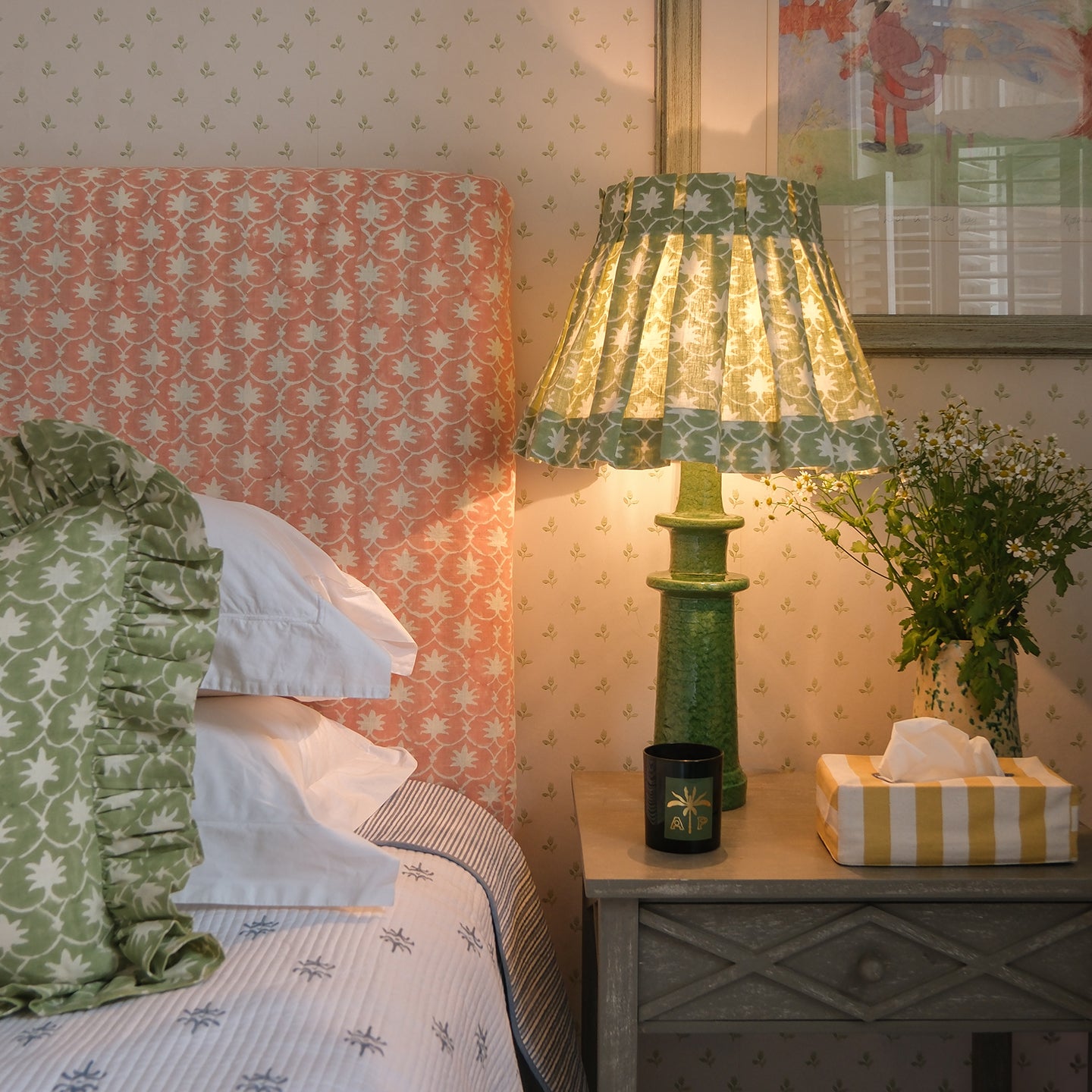 Olive Inverse Palm Grove Linen Structured Box Pleat Lampshade