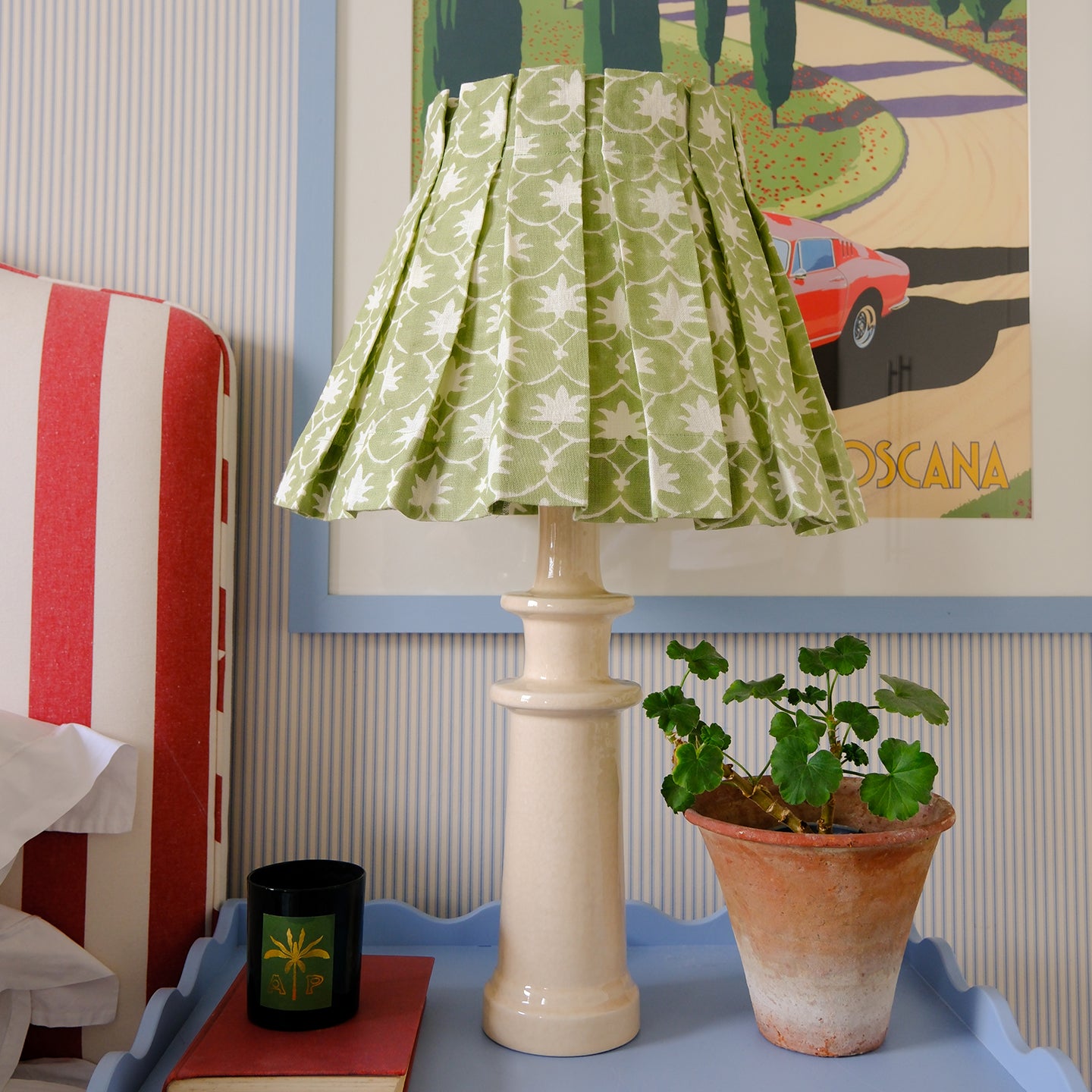 Olive Inverse Palm Grove Linen Structured Box Pleat Lampshade