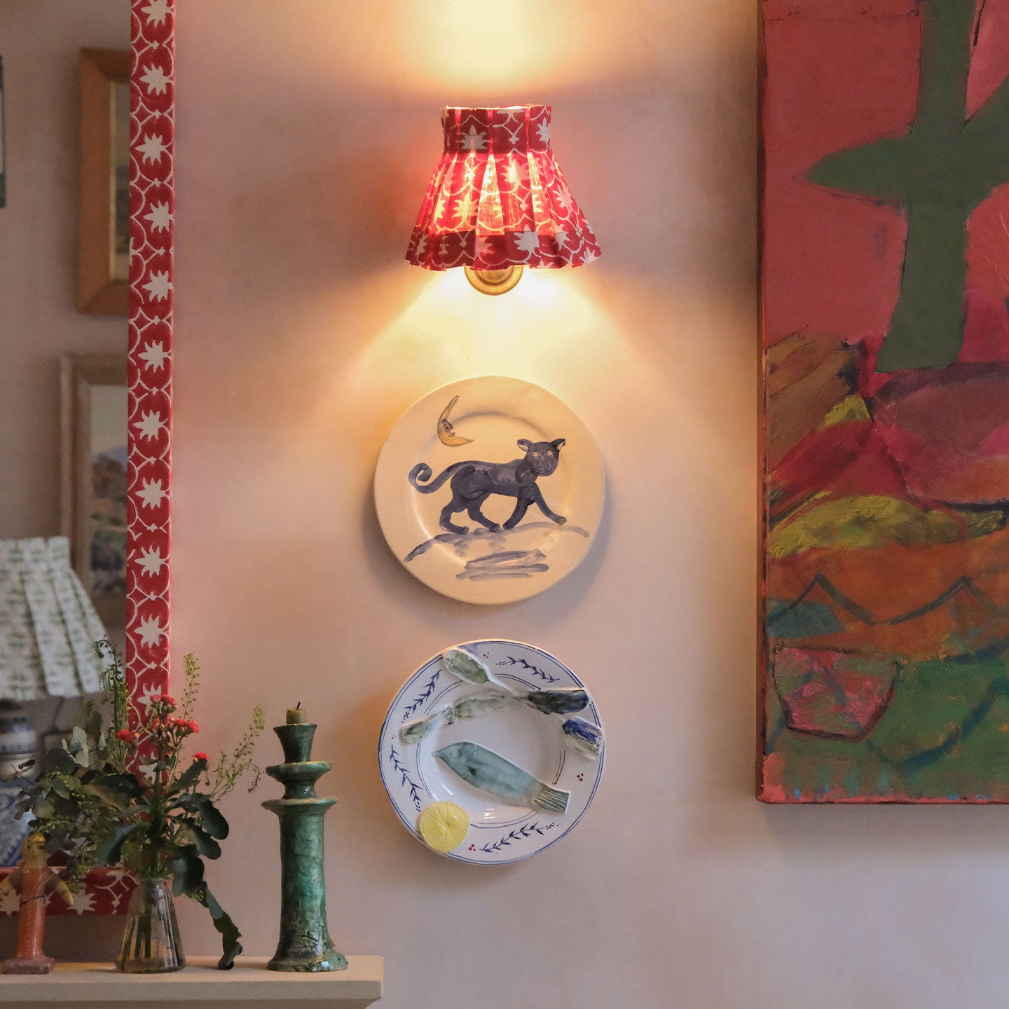 6 inch Red Inverse Palm Grove Linen Structured Box Pleat Lampshade