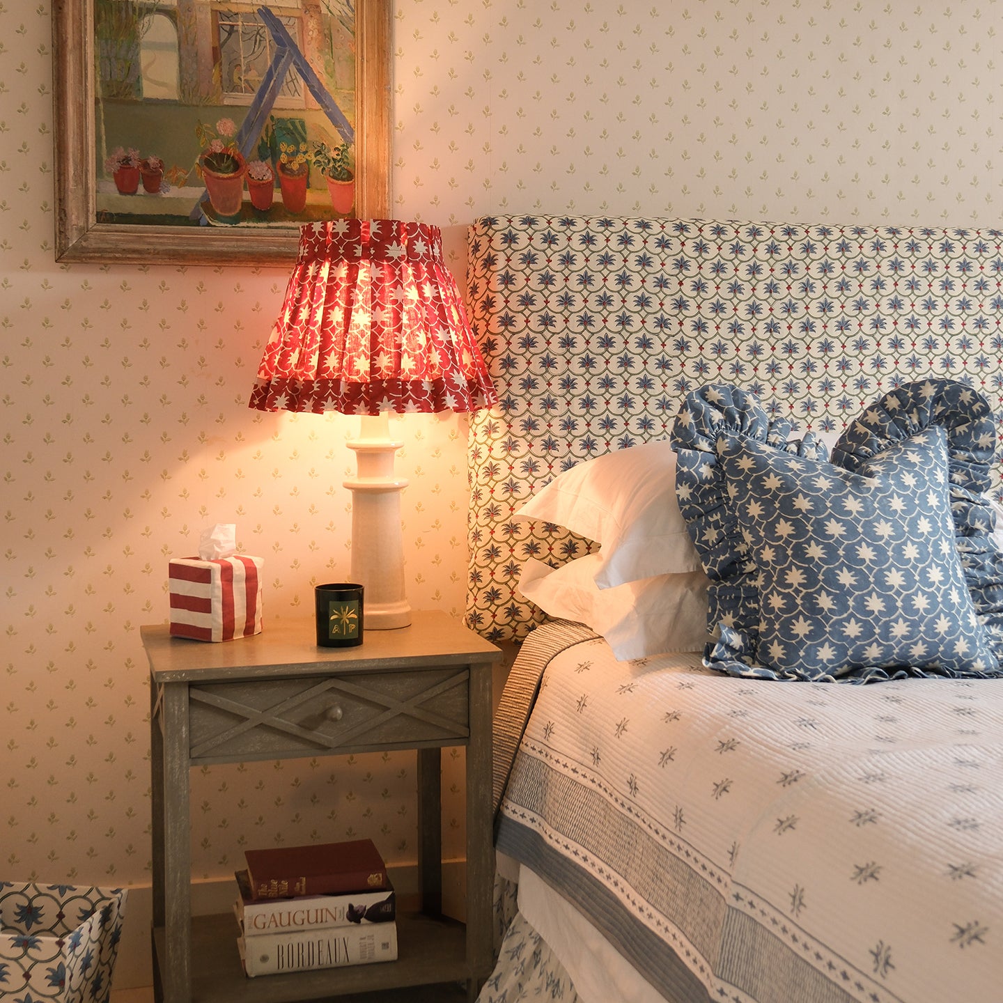 Red Inverse Palm Grove Linen Structured Box Pleat Lampshade