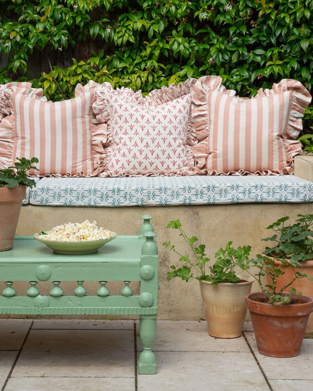 Tangier Rhubarb Stripe Frilly Cushion