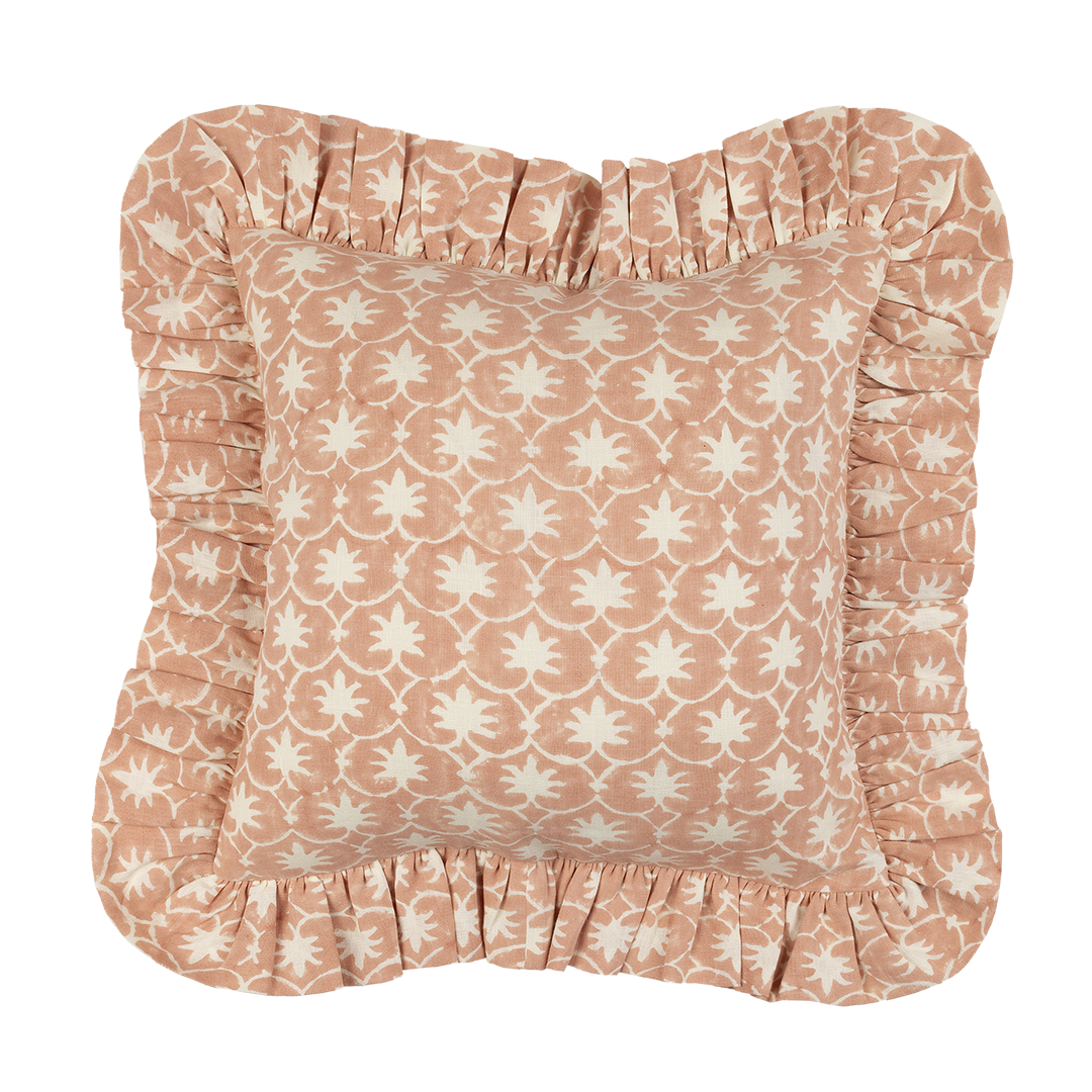 Rhubarb Inverse Palm Grove Linen Frilly Cushion