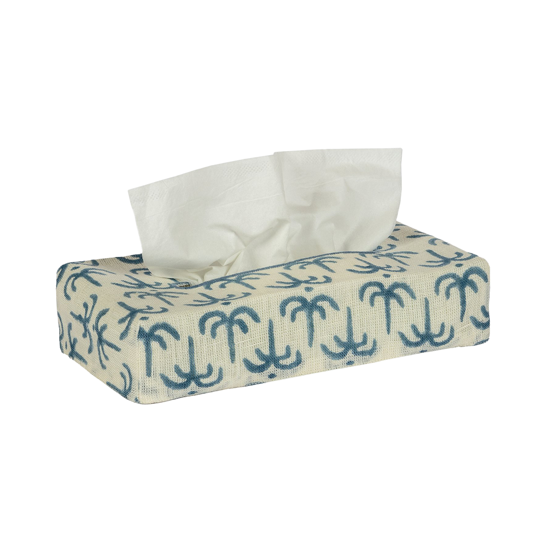 Skinny Linen Block Print Tissue Box Cover - Blue Callaloo