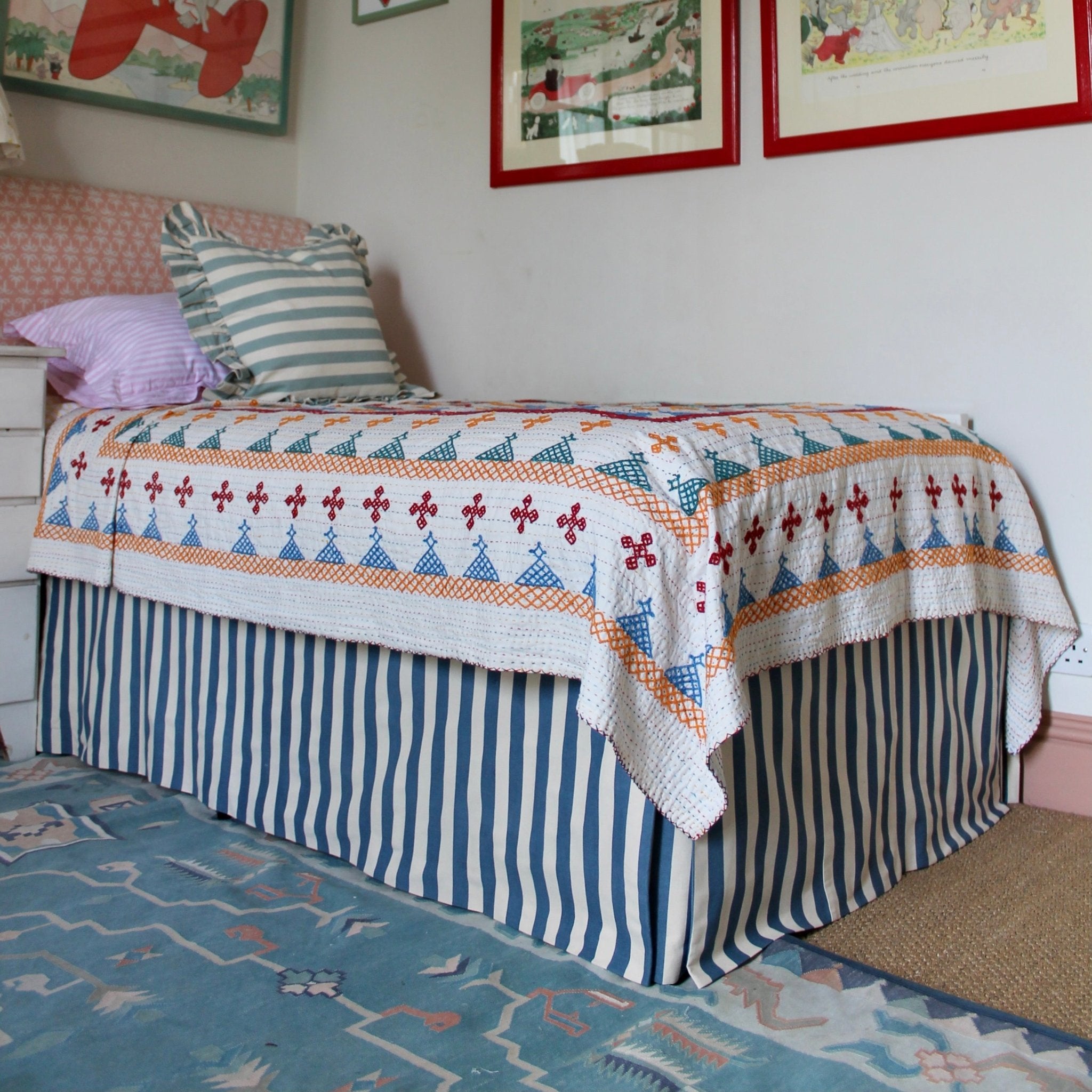 Tangier Denim Stripe Piped Bed Valance - Alice Palmer & Co