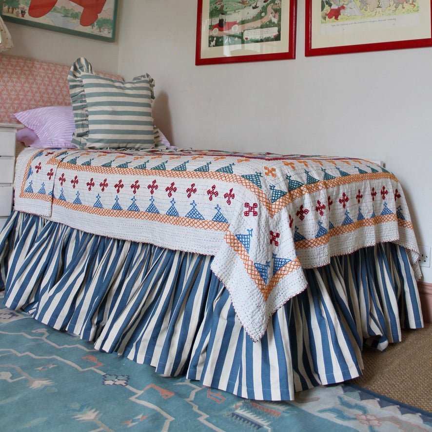 Tangier Denim Stripe Ruffle Bed Valance - Alice Palmer & Co