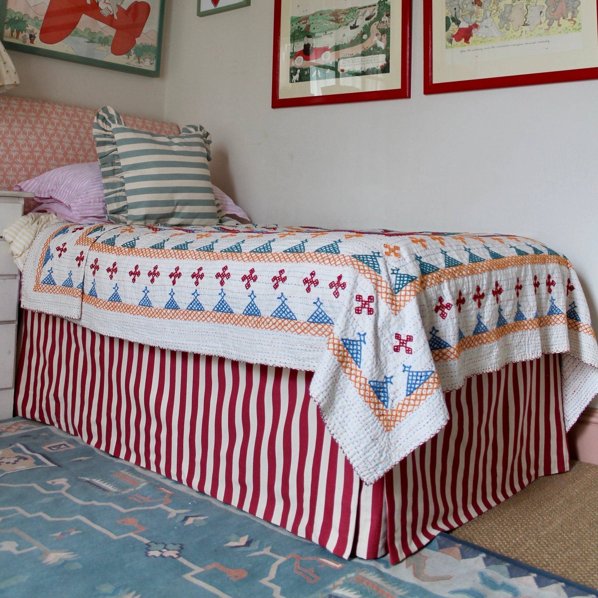 Tangier Red Stripe Piped Bed Valance - Alice Palmer & Co