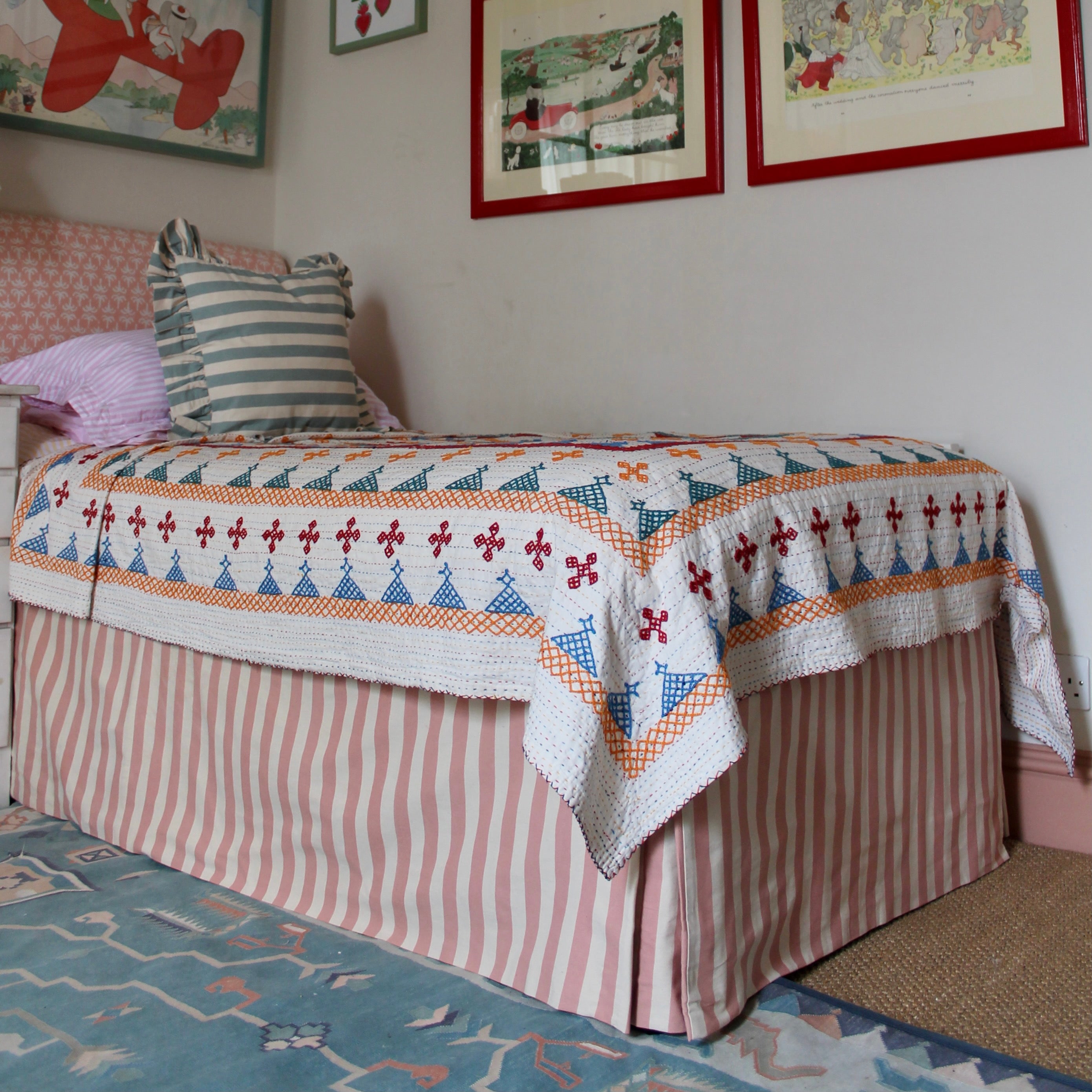 Tangier Rhubarb Stripe Piped Bed Valance