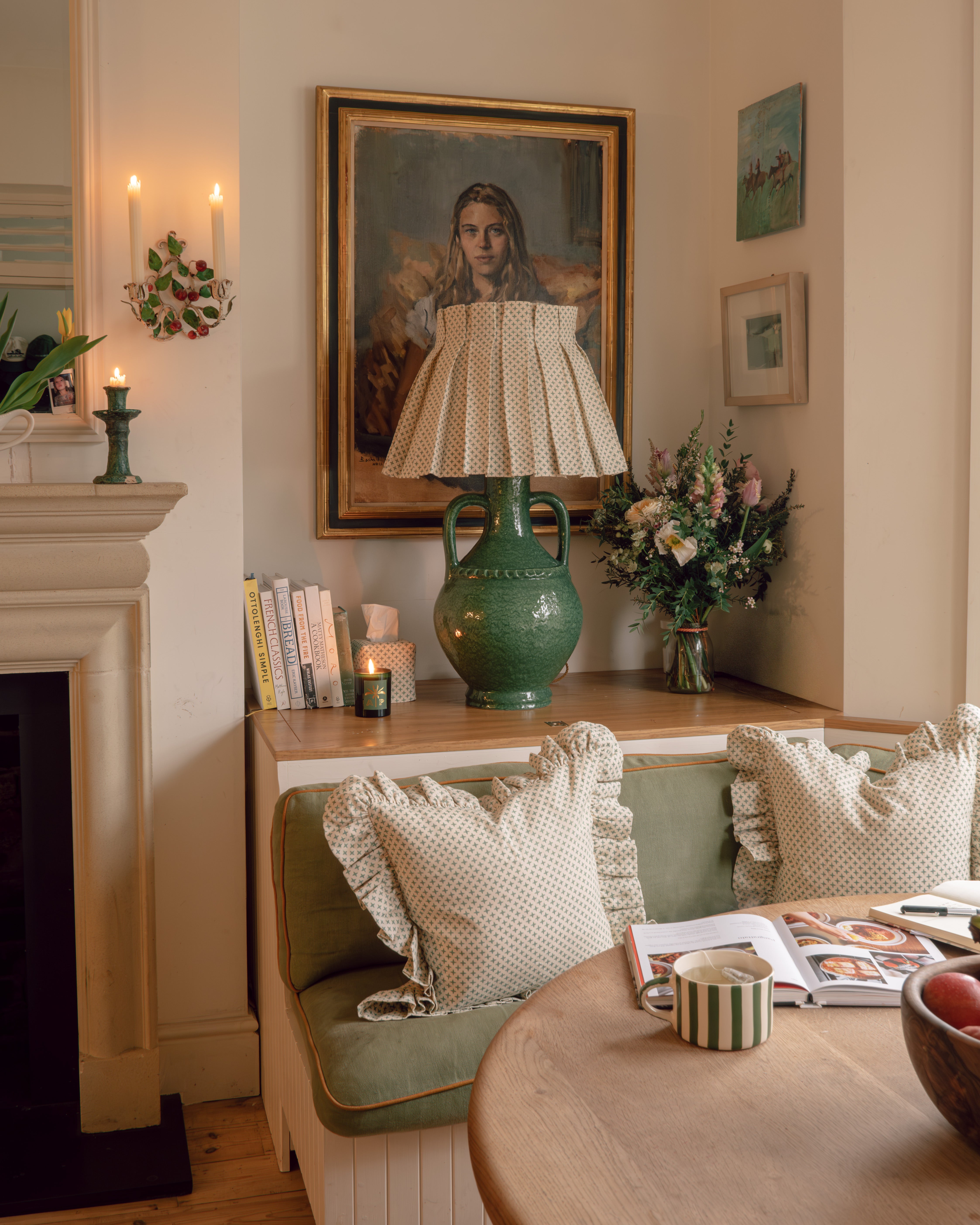 Fez Green Cross Linen Frilly Cushion