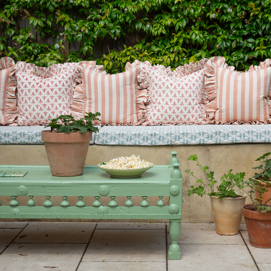 Tangier Rhubarb Stripe Frilly Cushion