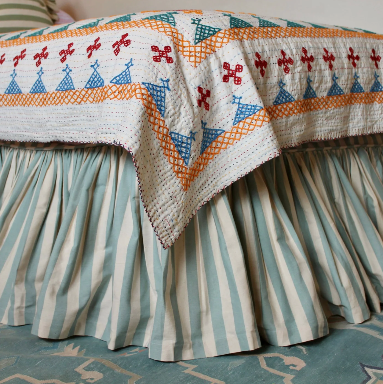 SALE - Tangier Iceberg Stripe Double Ruffle Bed Valance