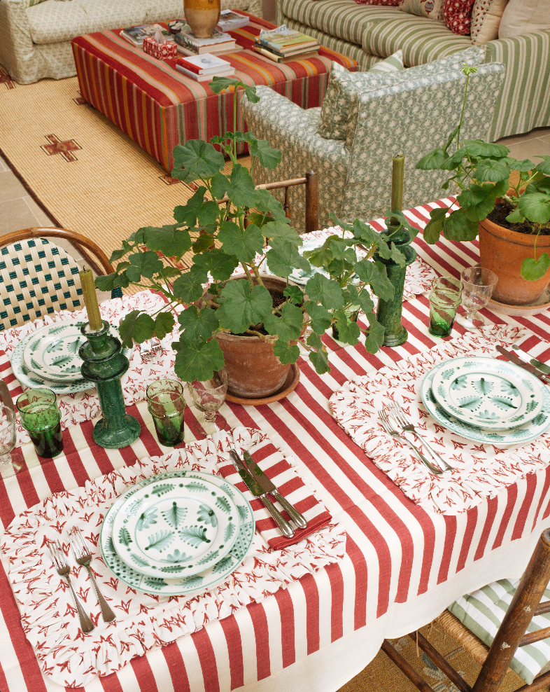 Tangier Red Stripe Linen Bordered Tablecloth