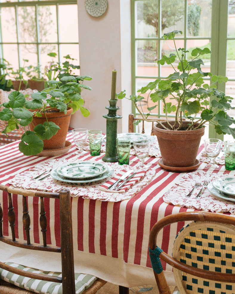 Tangier Red Stripe Linen Bordered Tablecloth