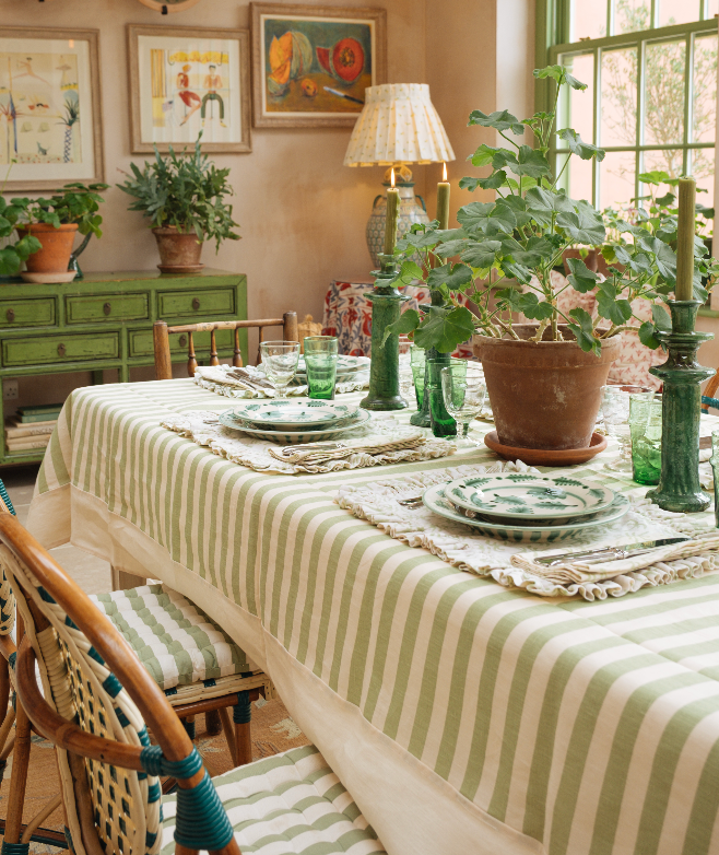 Tangier Olive Stripe Linen Bordered Tablecloth
