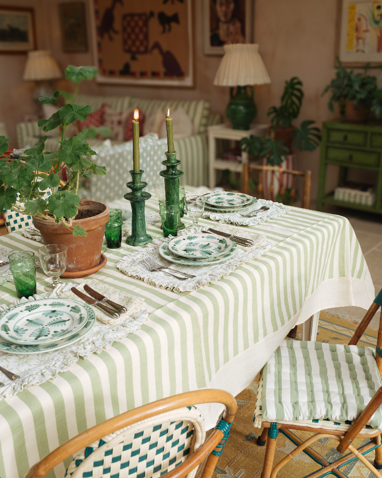 Tangier Olive Stripe Linen Bordered Tablecloth
