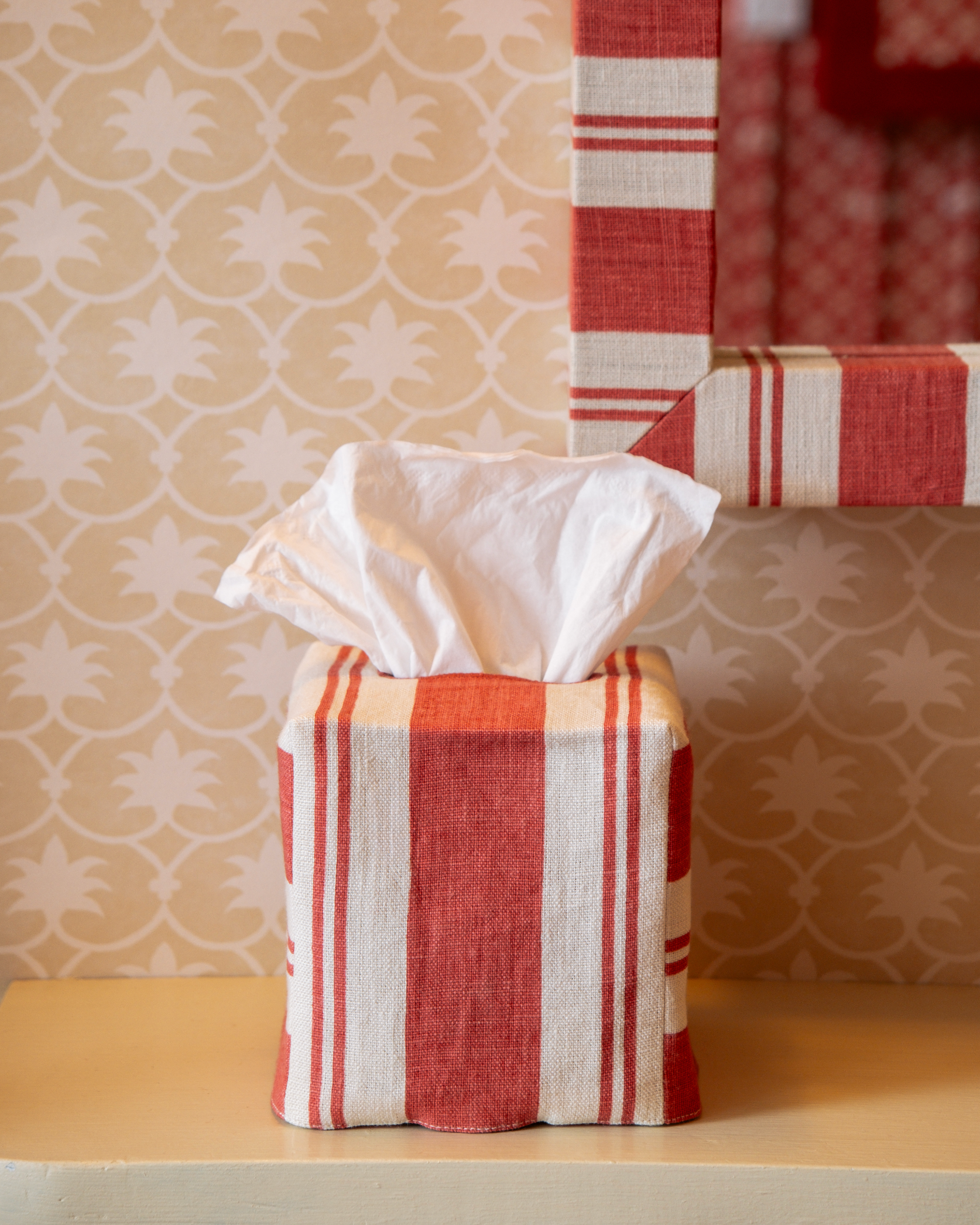Square Raj Stripe Linen Tissue Box Cover - Red