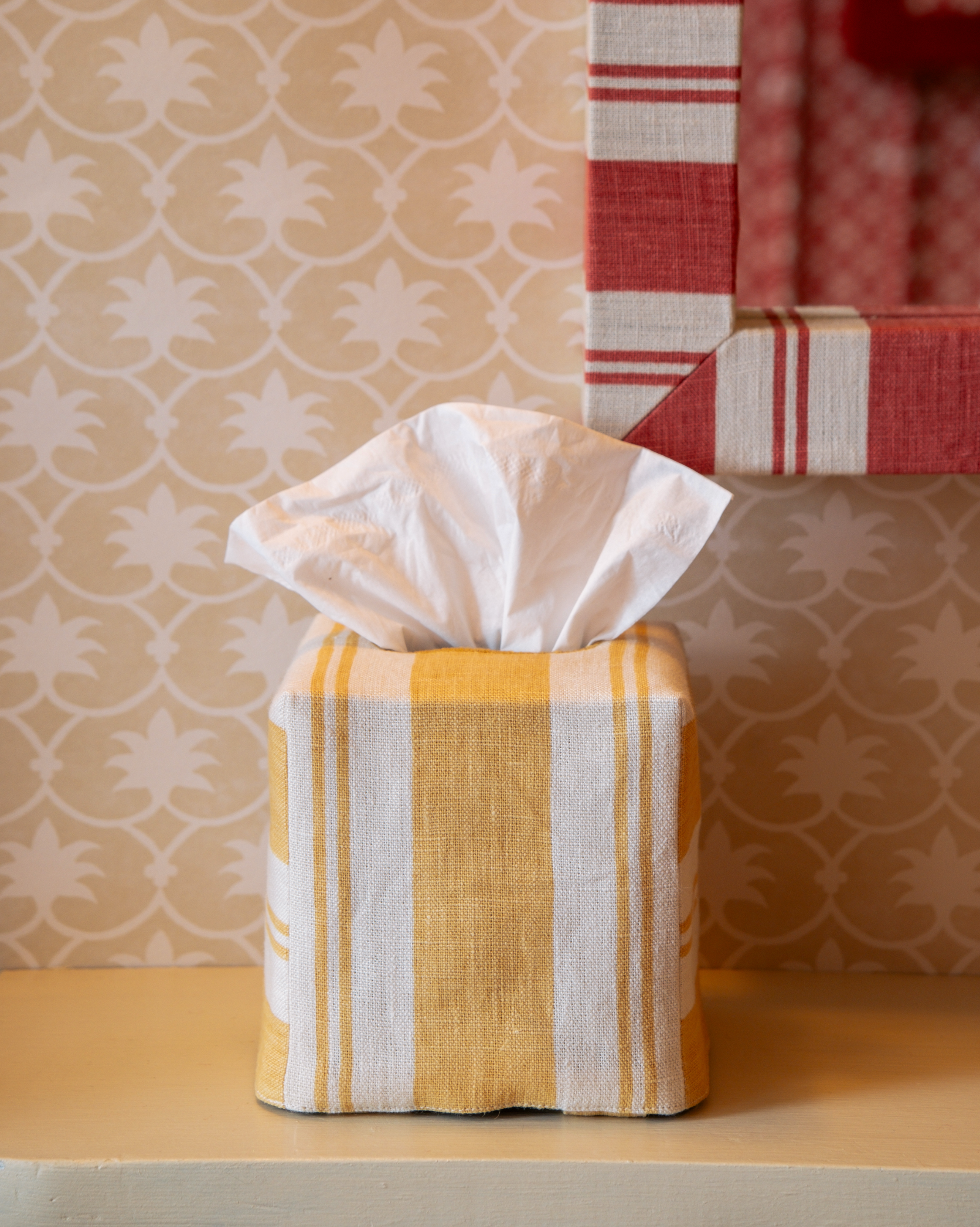 Square Raj Stripe Linen Tissue Box Cover - Mustard