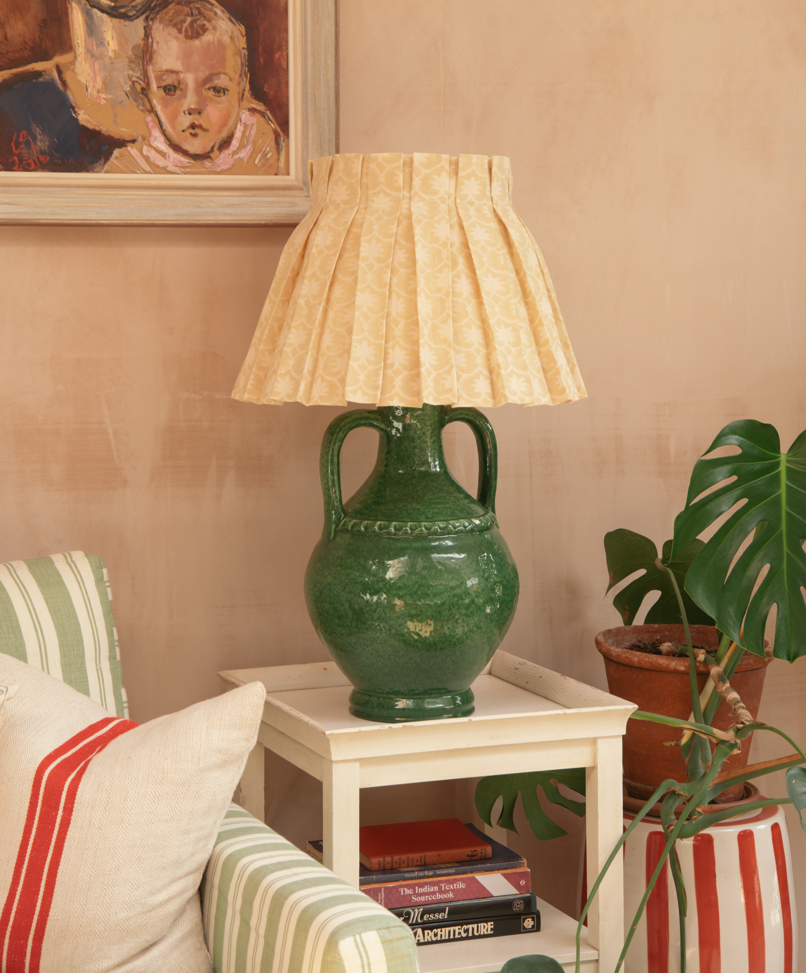 Oat Inverse Palm Grove Linen Structured Box Pleat Lampshade