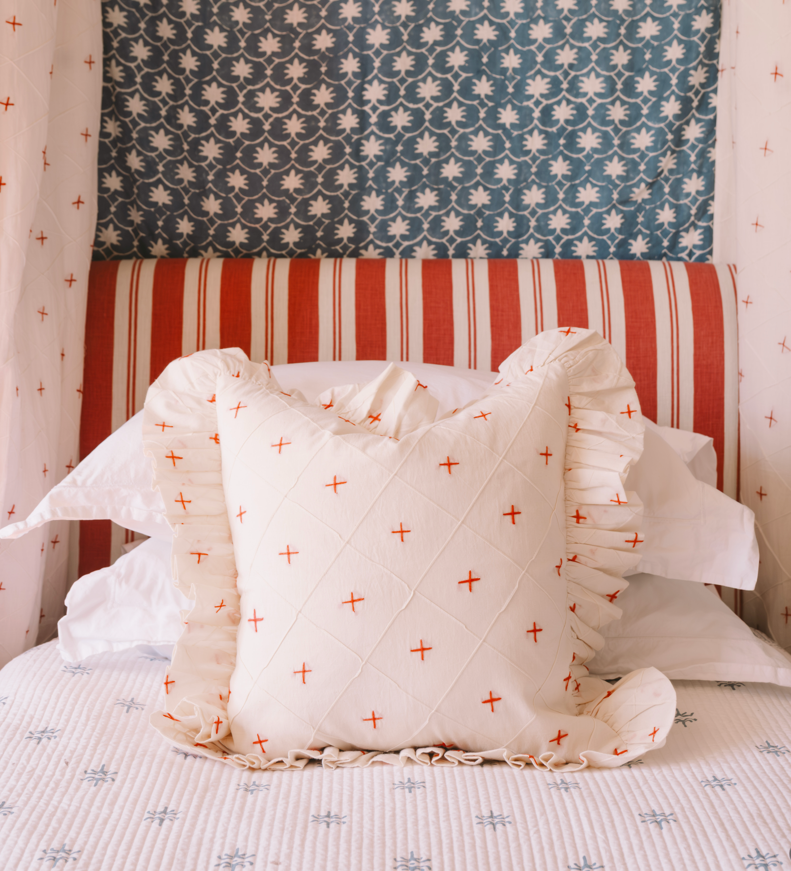 Embroidered Red Cross Frilly Cushion