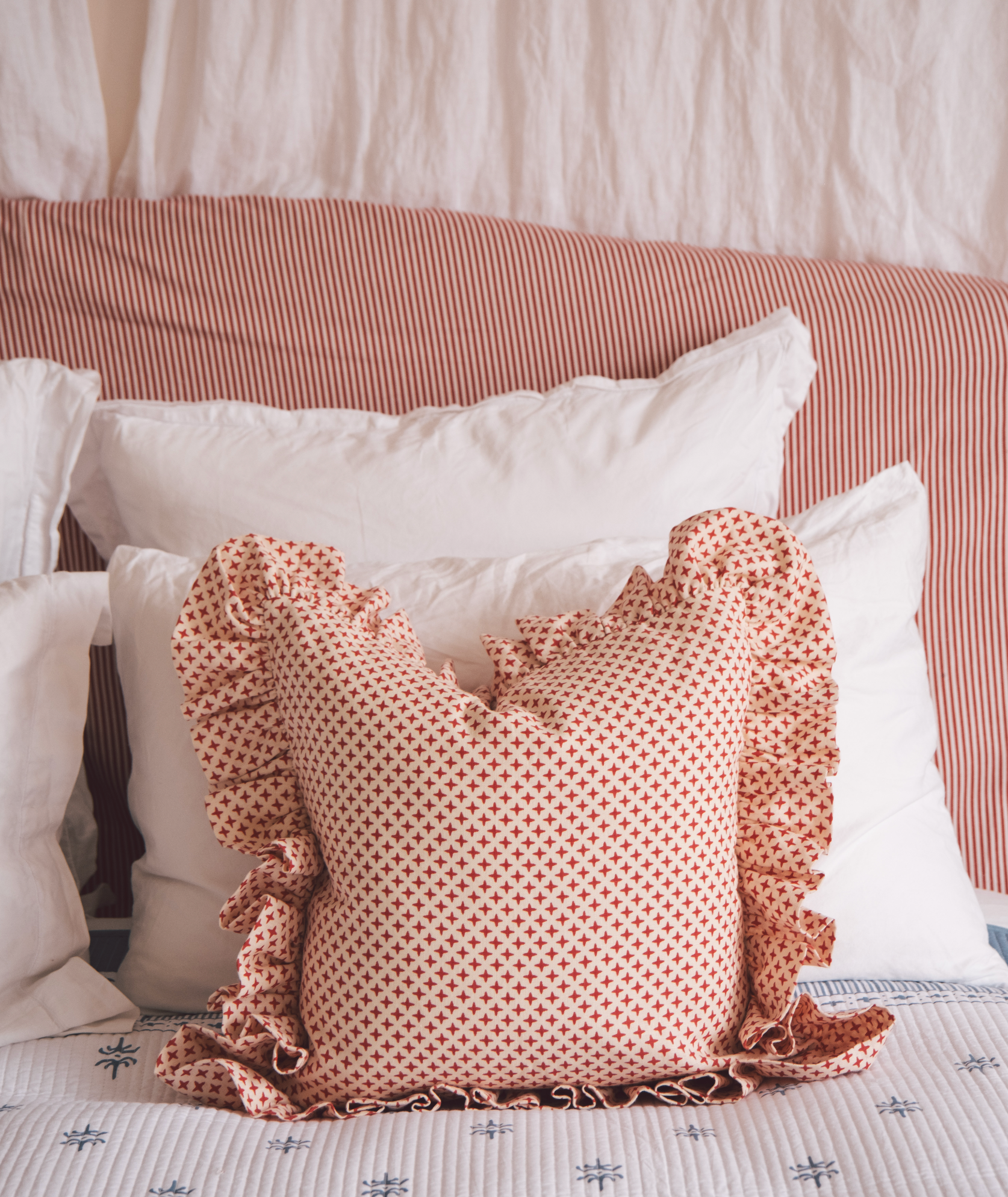 Fez Red Cross Linen Frilly Cushion
