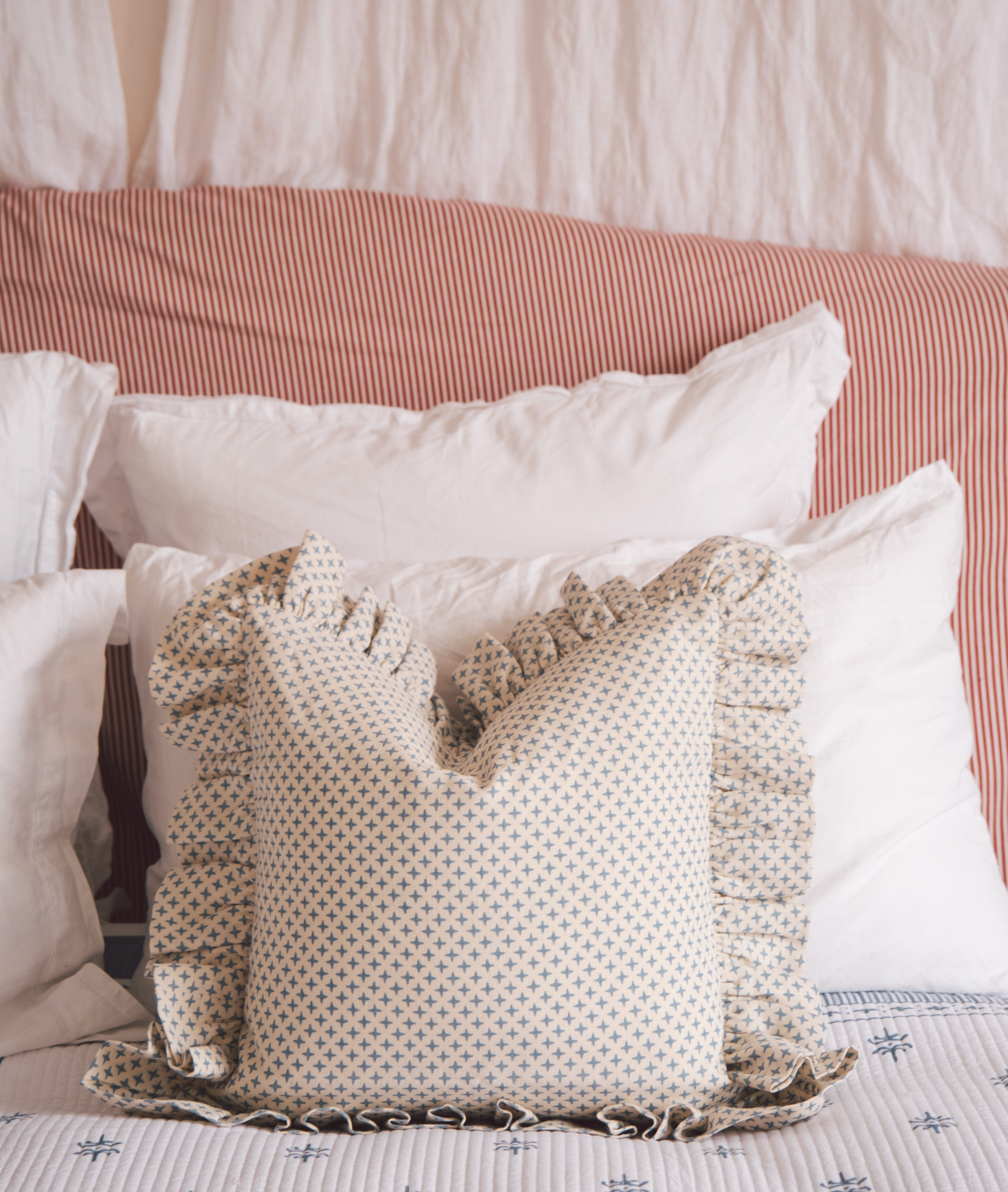 Fez Blue Cross Linen Frilly Cushion