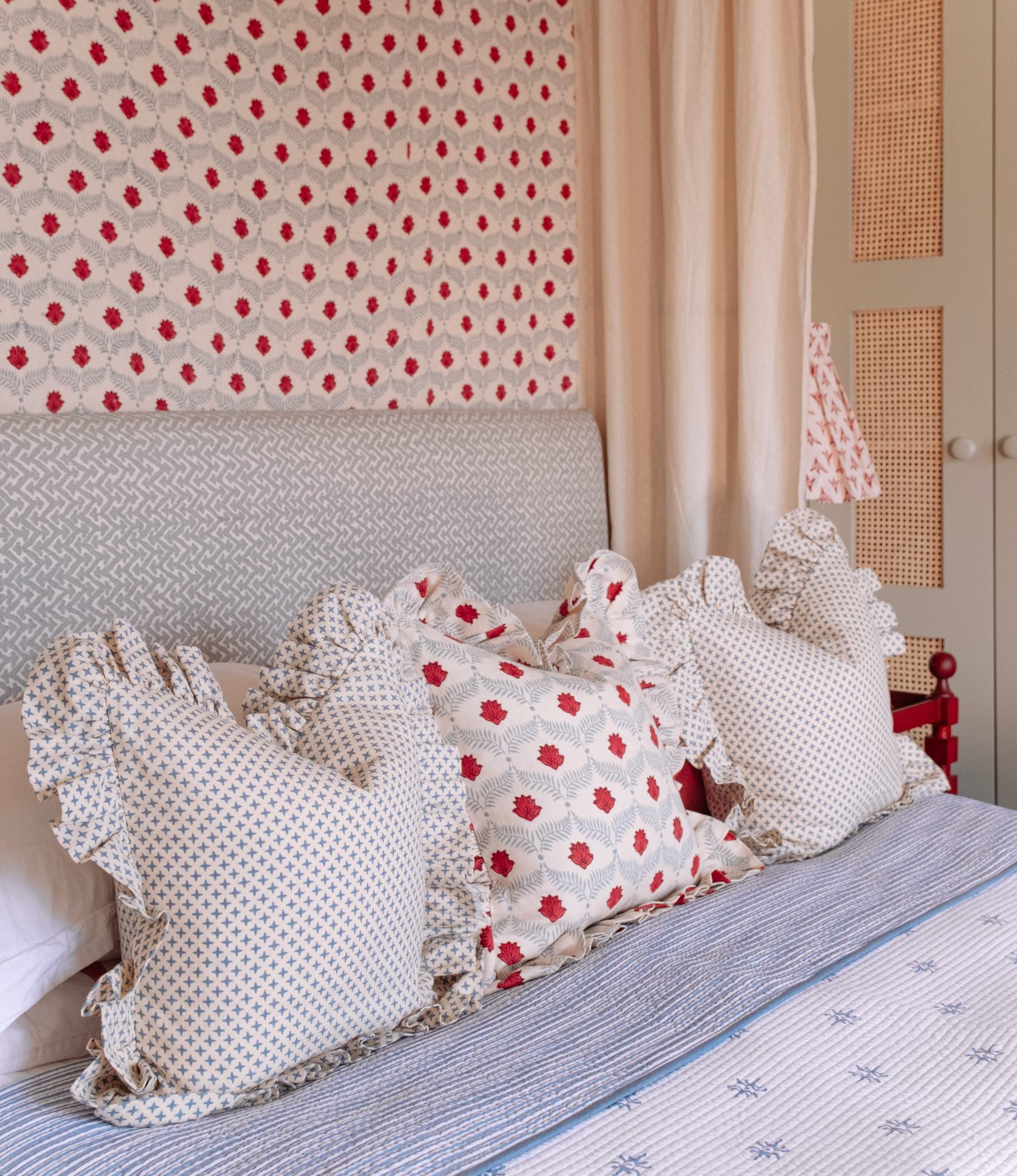 Fez Blue Cross Linen Frilly Cushion