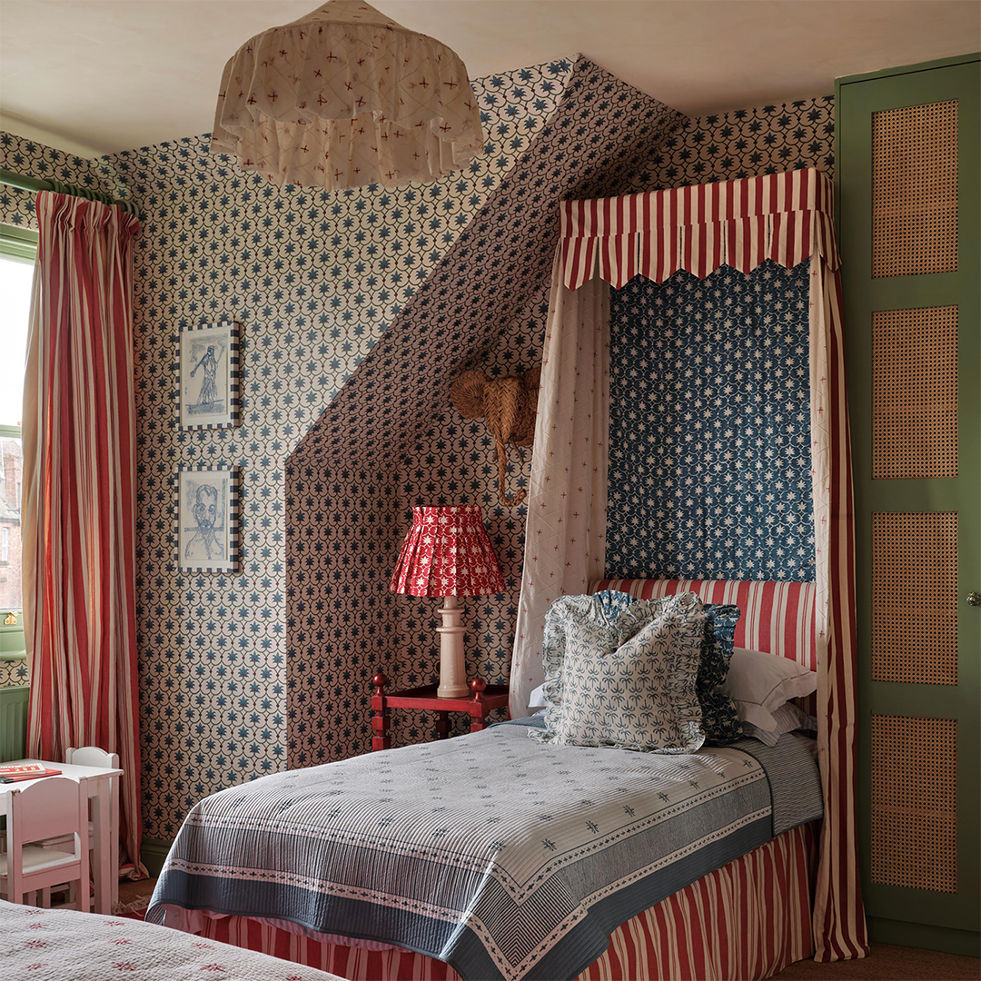Bed Canopy - Single - Red Stripe/Denim Palm Grove