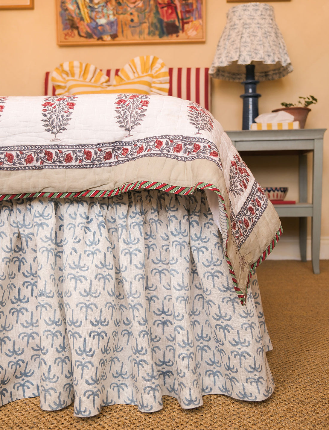 Single Bed Ruffle Blue Callaloo Linen Ruffle Bed Valance