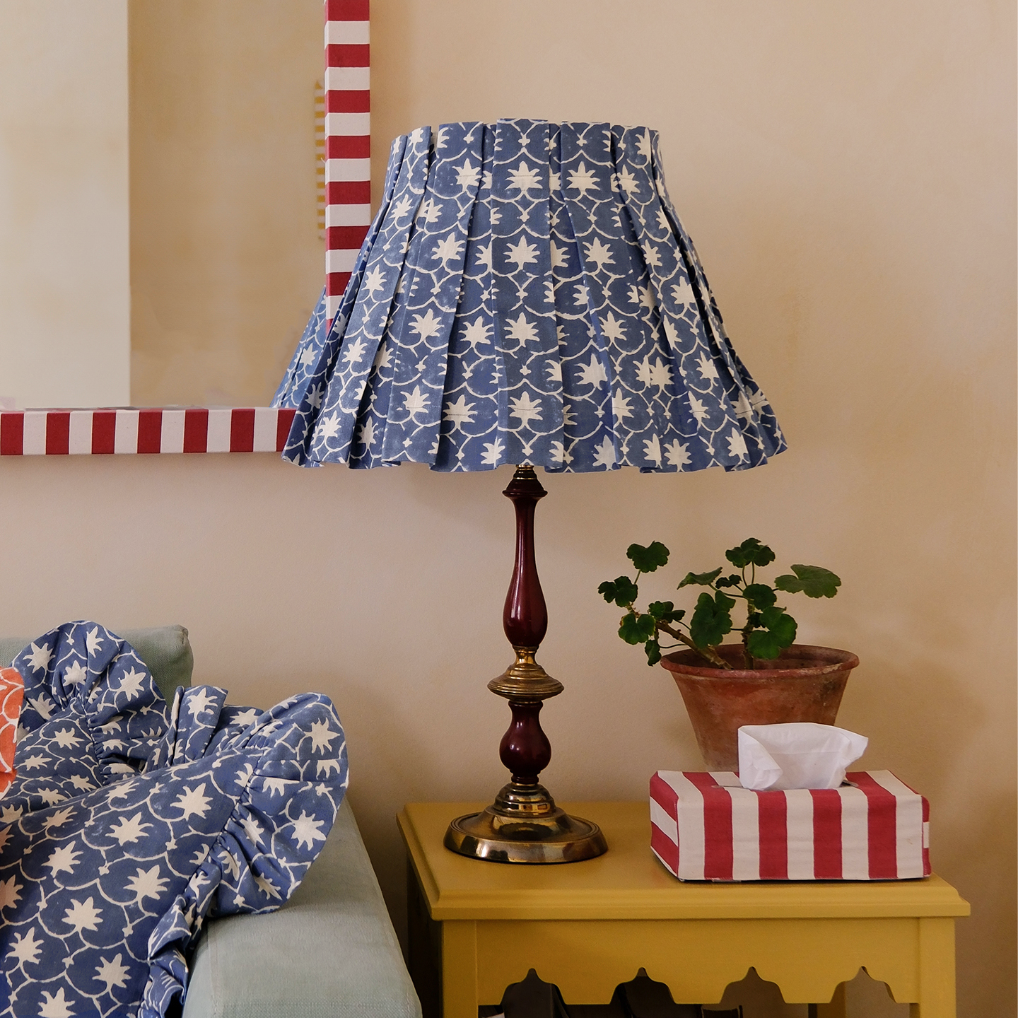 Denim Inverse Palm Grove Linen Structured Box Pleat Lampshade