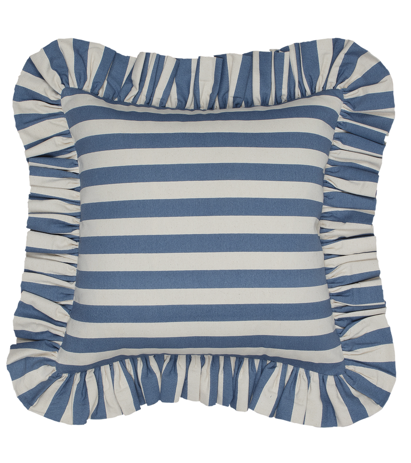 Tangier Denim Stripe Frilly Cushion