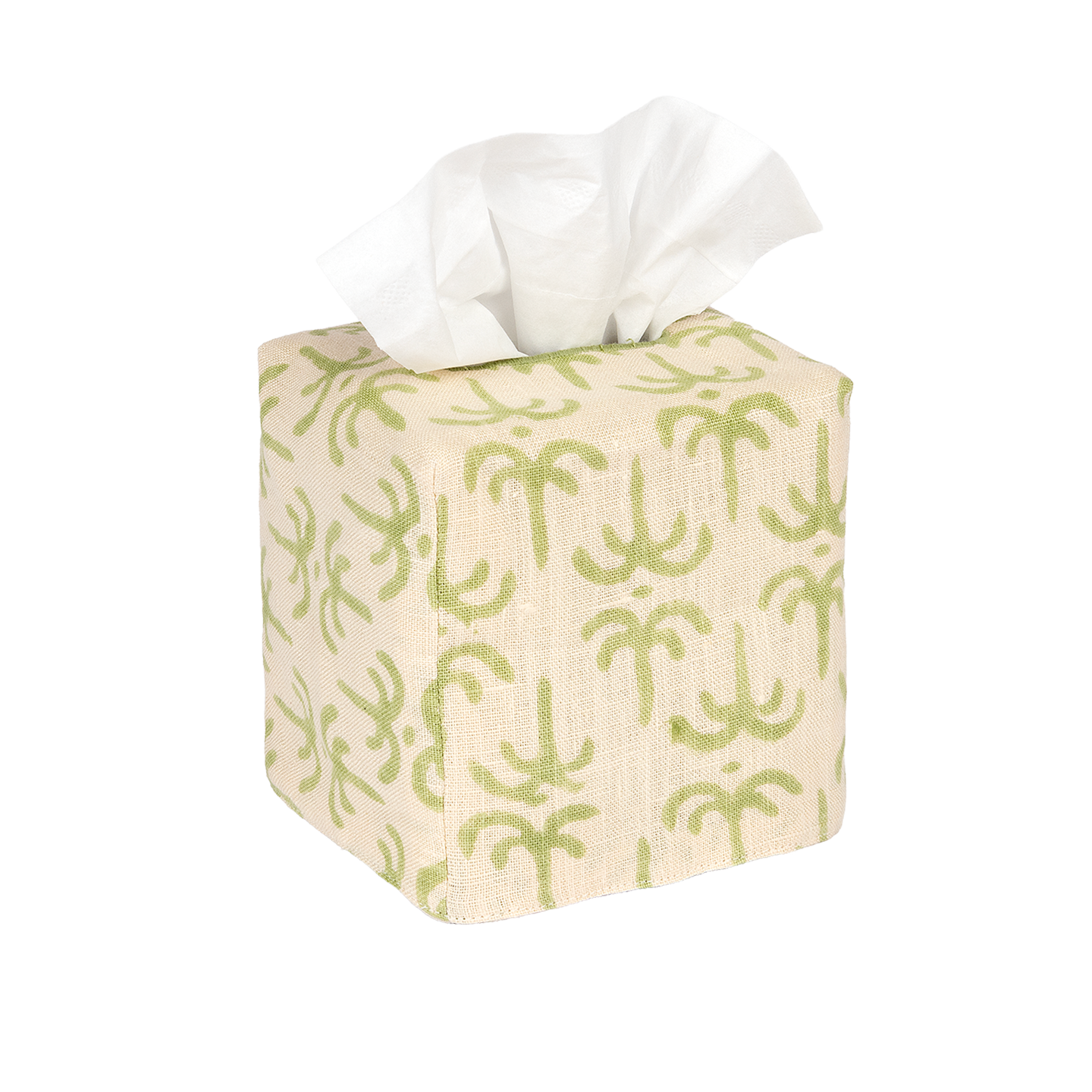 Square Linen Block Print Tissue Box Cover - Green Callaloo