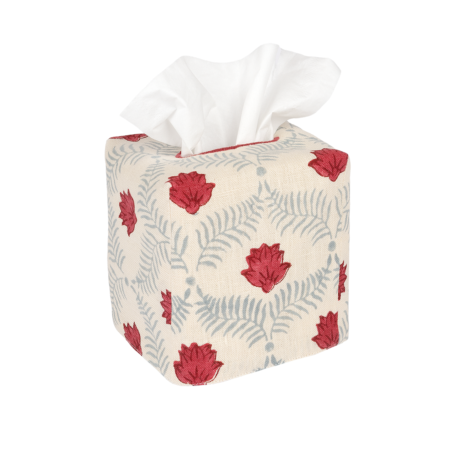 Square Lotus Linen Tissue Box Cover - Poppy/Petrol