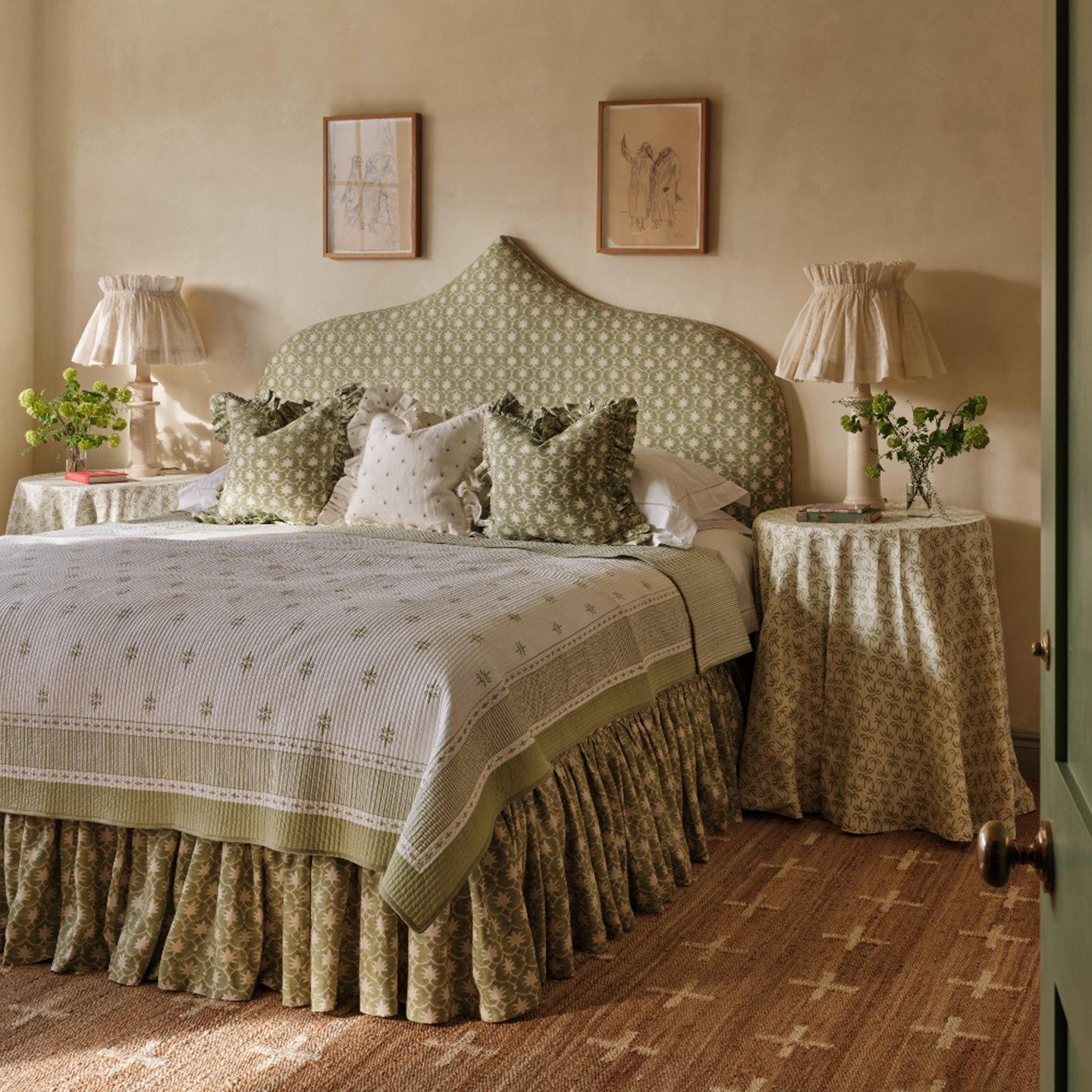 Olive Inverse Palm Grove Ruffled Bed Valance