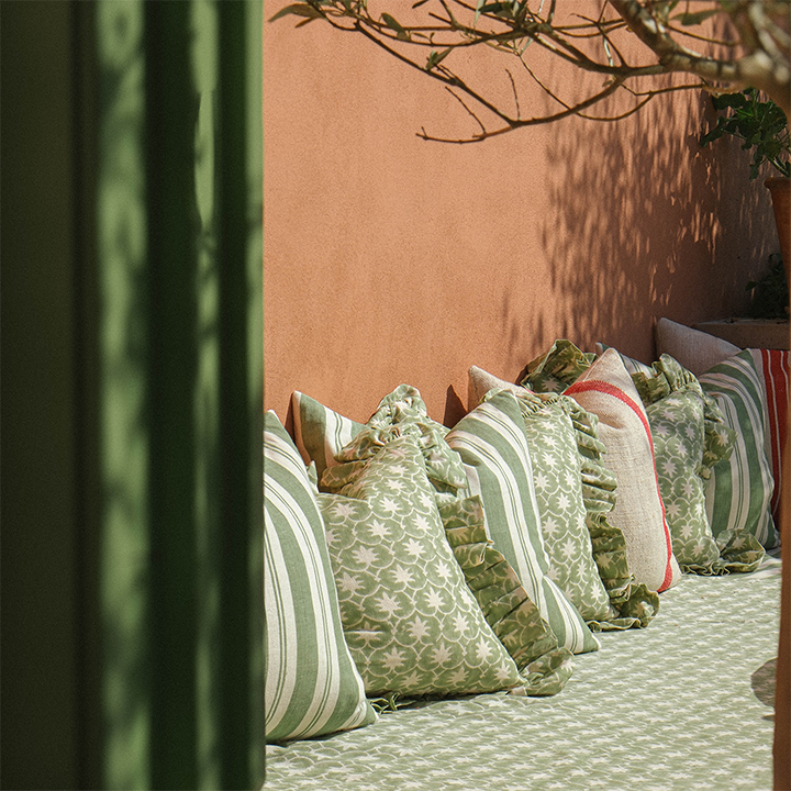 Olive Inverse Palm Grove Linen Frilly Cushion