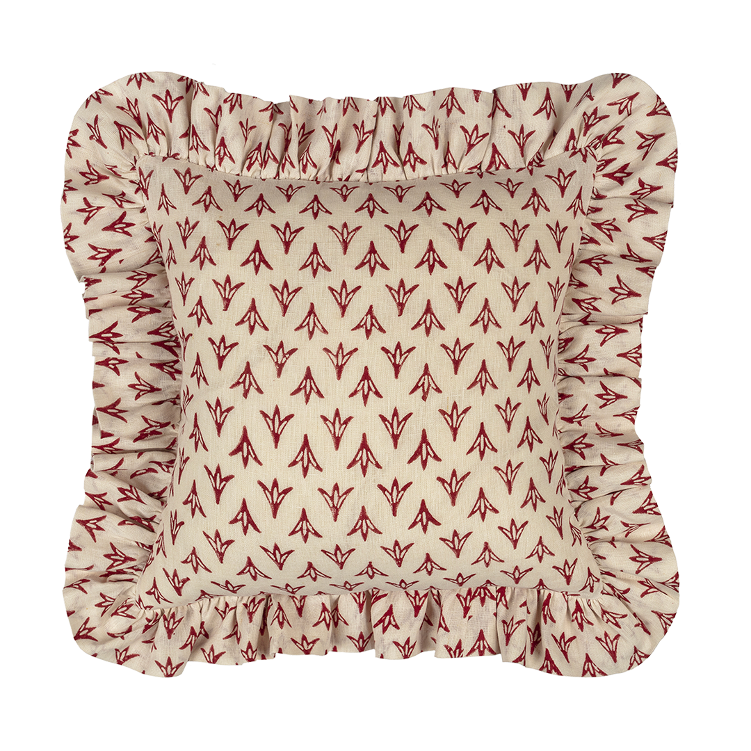 Poppy Papaya Linen Frilly Cushion
