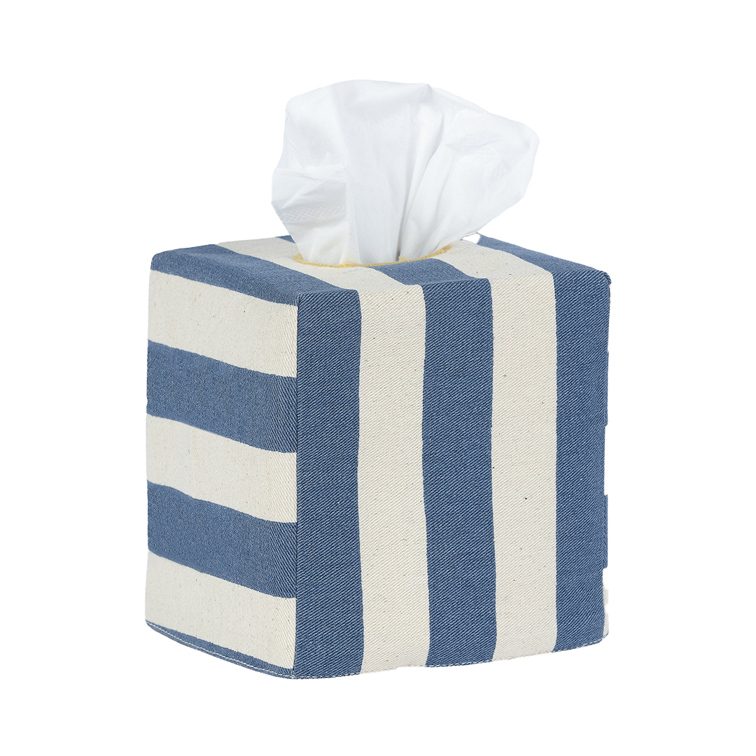 Square Tangier Stripe Cotton Tissue Box Cover - Denim