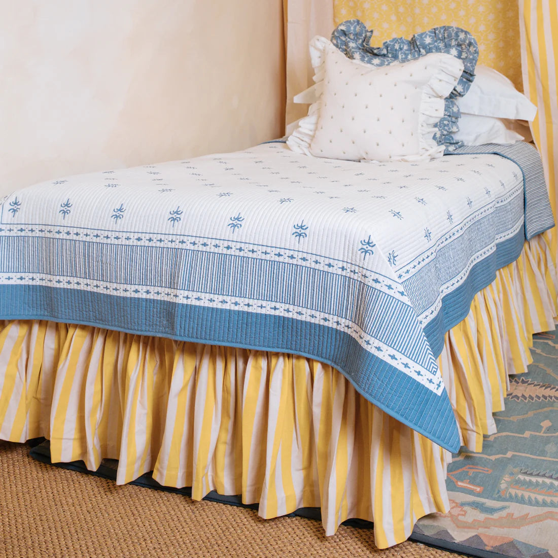 CLEARANCE - UK Single Tangier Mustard Stripe Cotton Ruffle Bed Valance