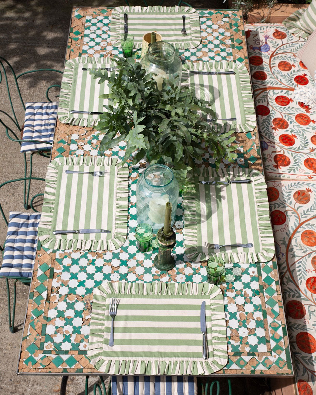 Tangier Olive Stripe Frilly Placemat - Set of Two