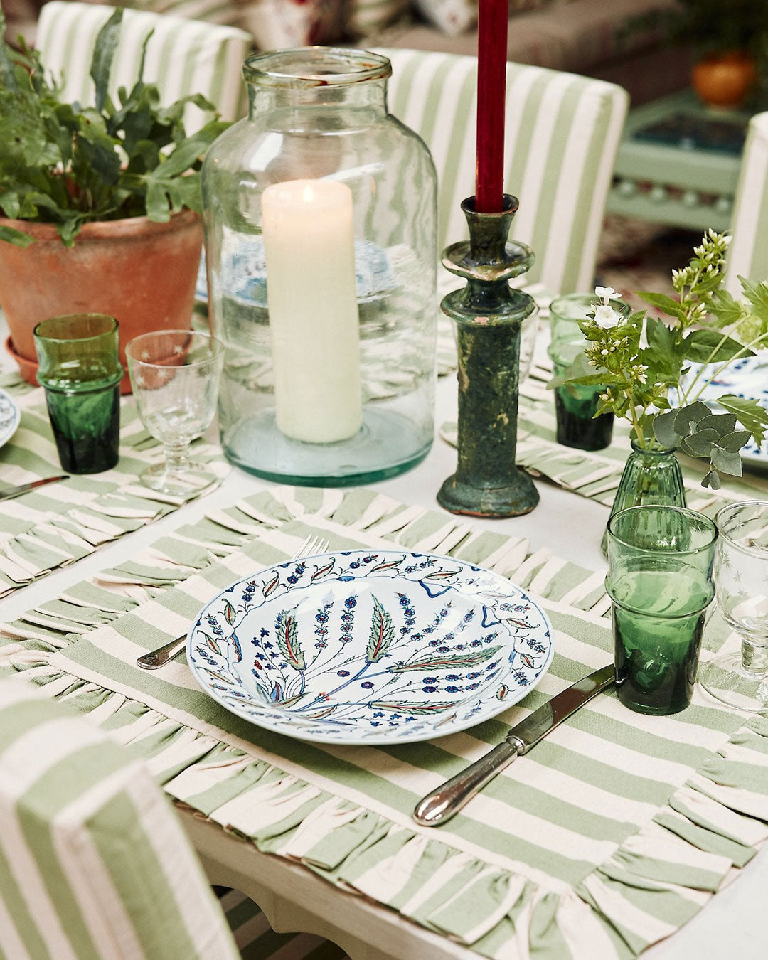 Tangier Olive Stripe Frilly Placemat - Set of Two